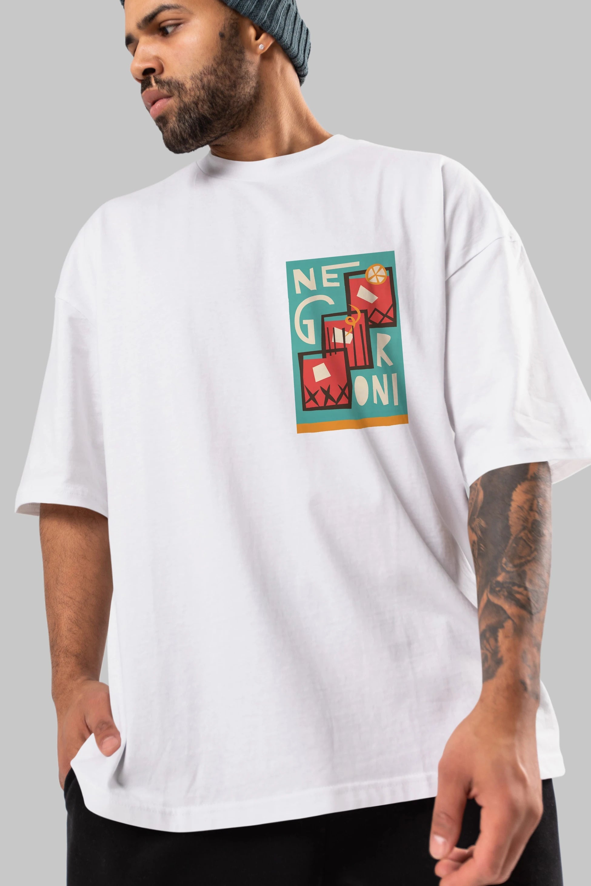 Negroni 3 Ön Sol Baskılı Oversize t-shirt Erkek Kadın Unisex %100 Pamuk Bisiklet Yaka tişort