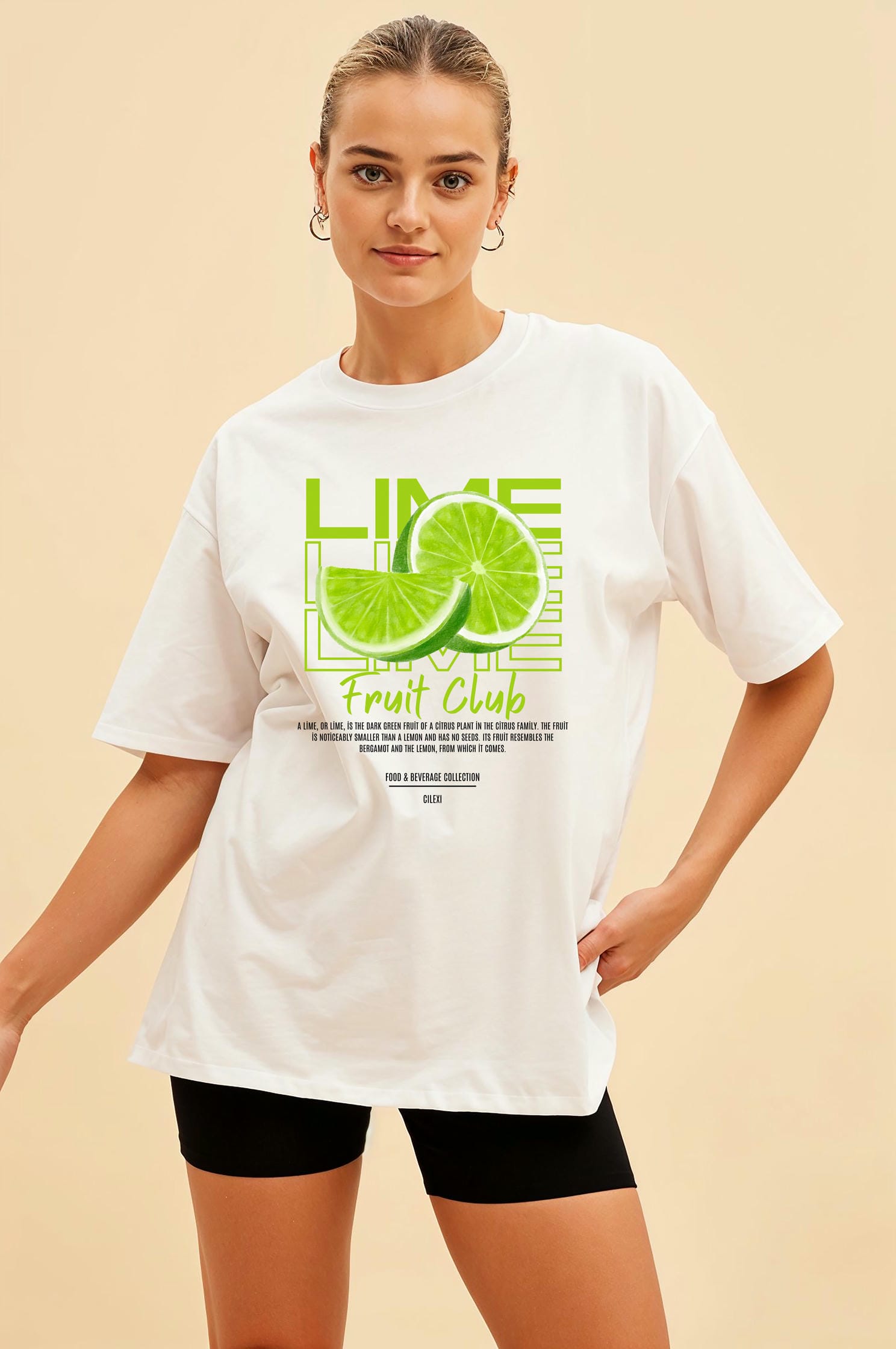 Lime Ön Baskılı Oversize t-shirt Erkek Kadın Pamuk Bisiklet Yaka tişort