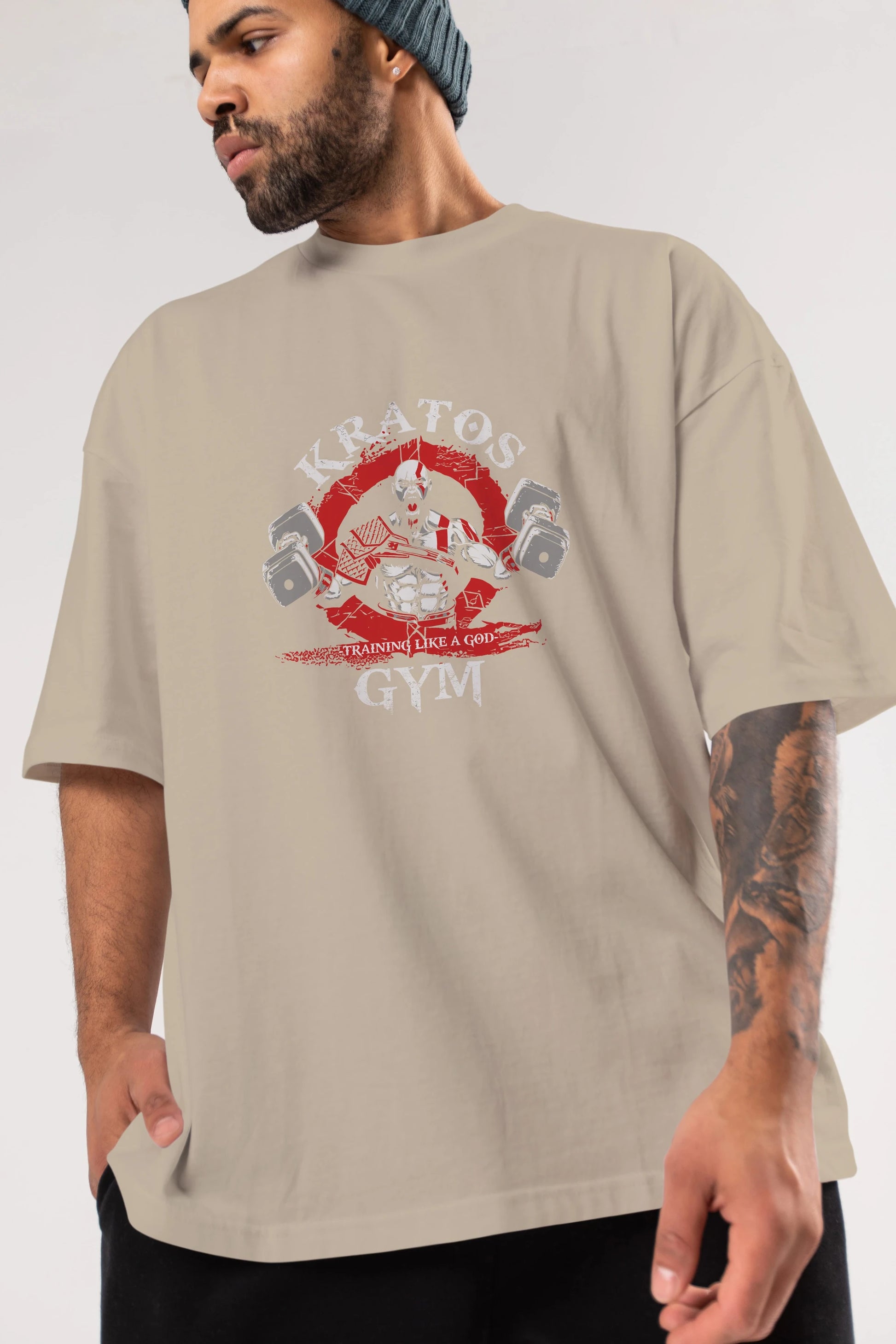 Kratos GYM Ön Baskılı Oversize t-shirt Erkek Kadın Unisex %100 Pamuk Bisiklet Yaka tişort