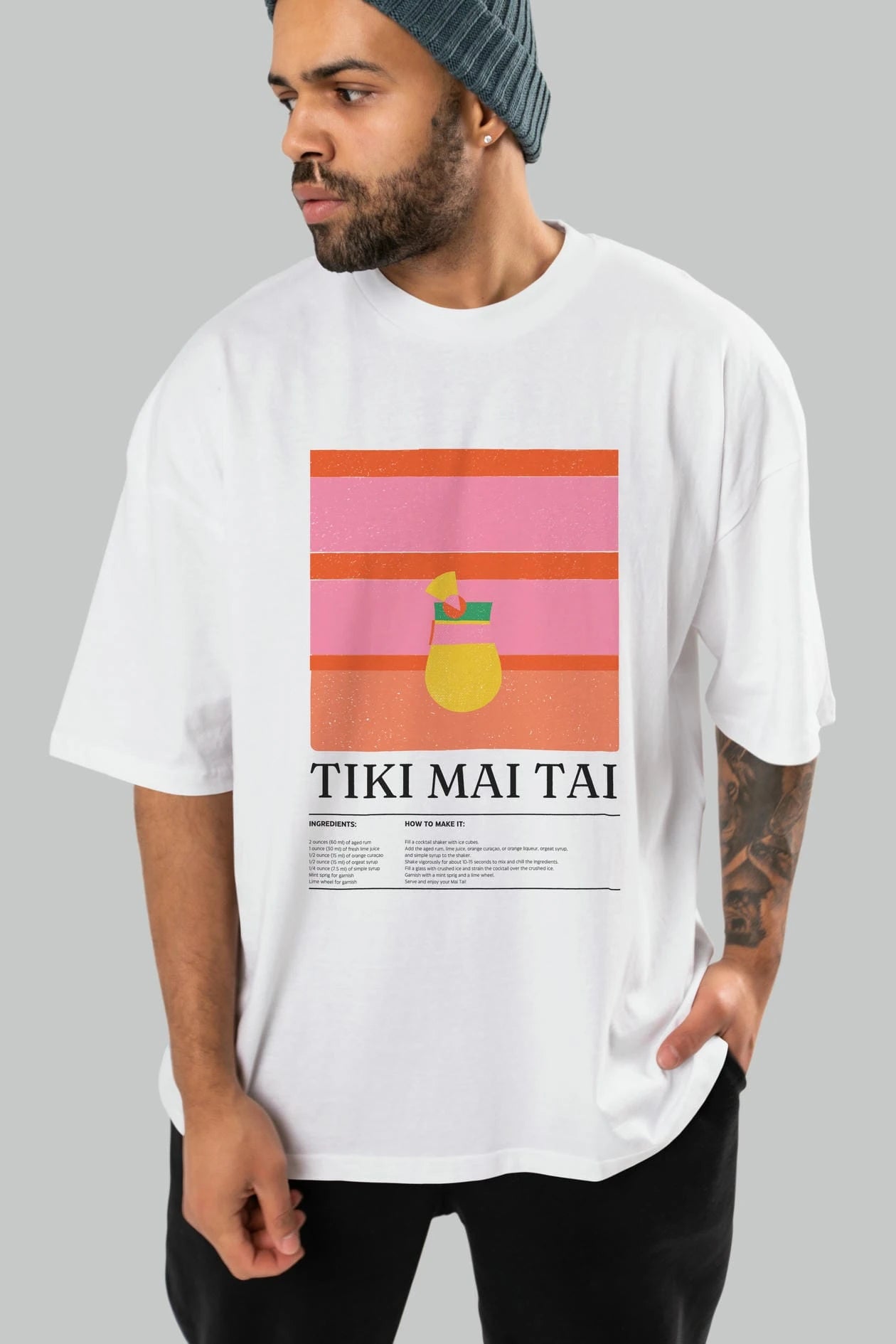 Tiki Mai Tai Kokteyl Ön Baskılı Oversize t-shirt Erkek Kadın %100 Pamuk Bisiklet Yaka tişort