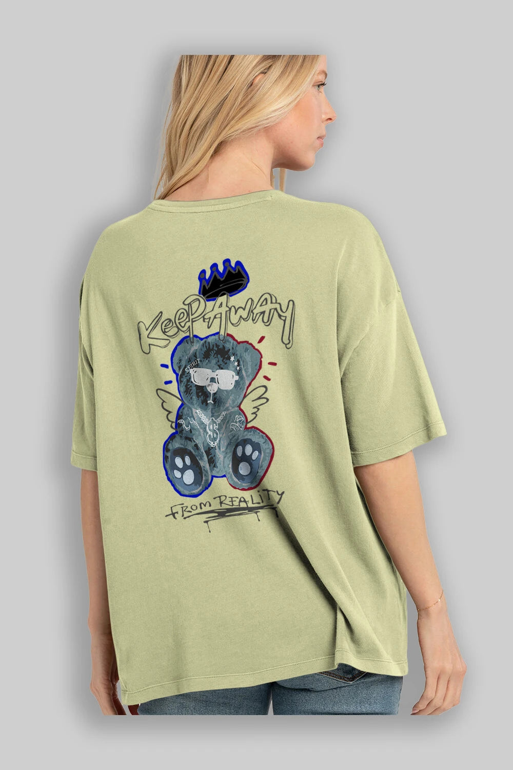 Keep Away Bear Arka Baskılı Oversize t-shirt Erkek Kadın Unisex