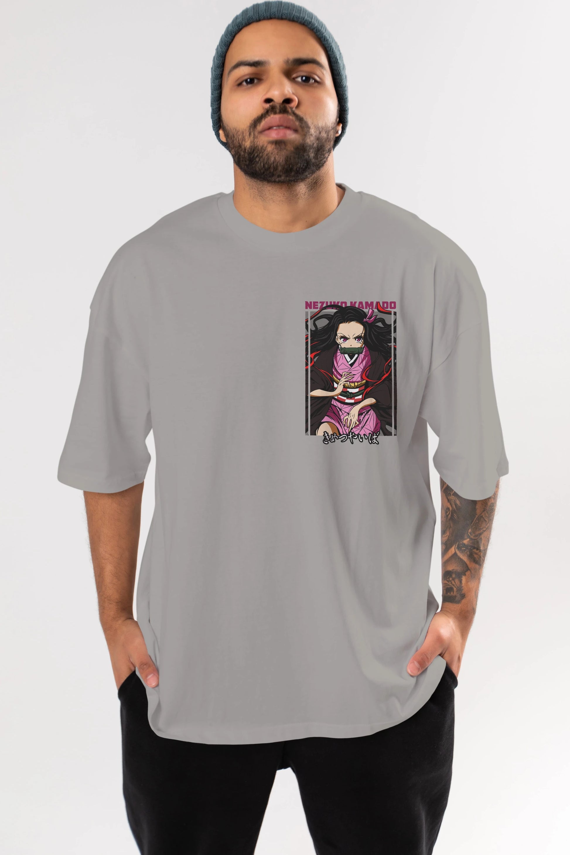 Nezuko Kamado 1 Ön Sol Baskılı Oversize t-shirt Erkek Kadın Unisex %100 Pamuk Bisiklet Yaka tişort
