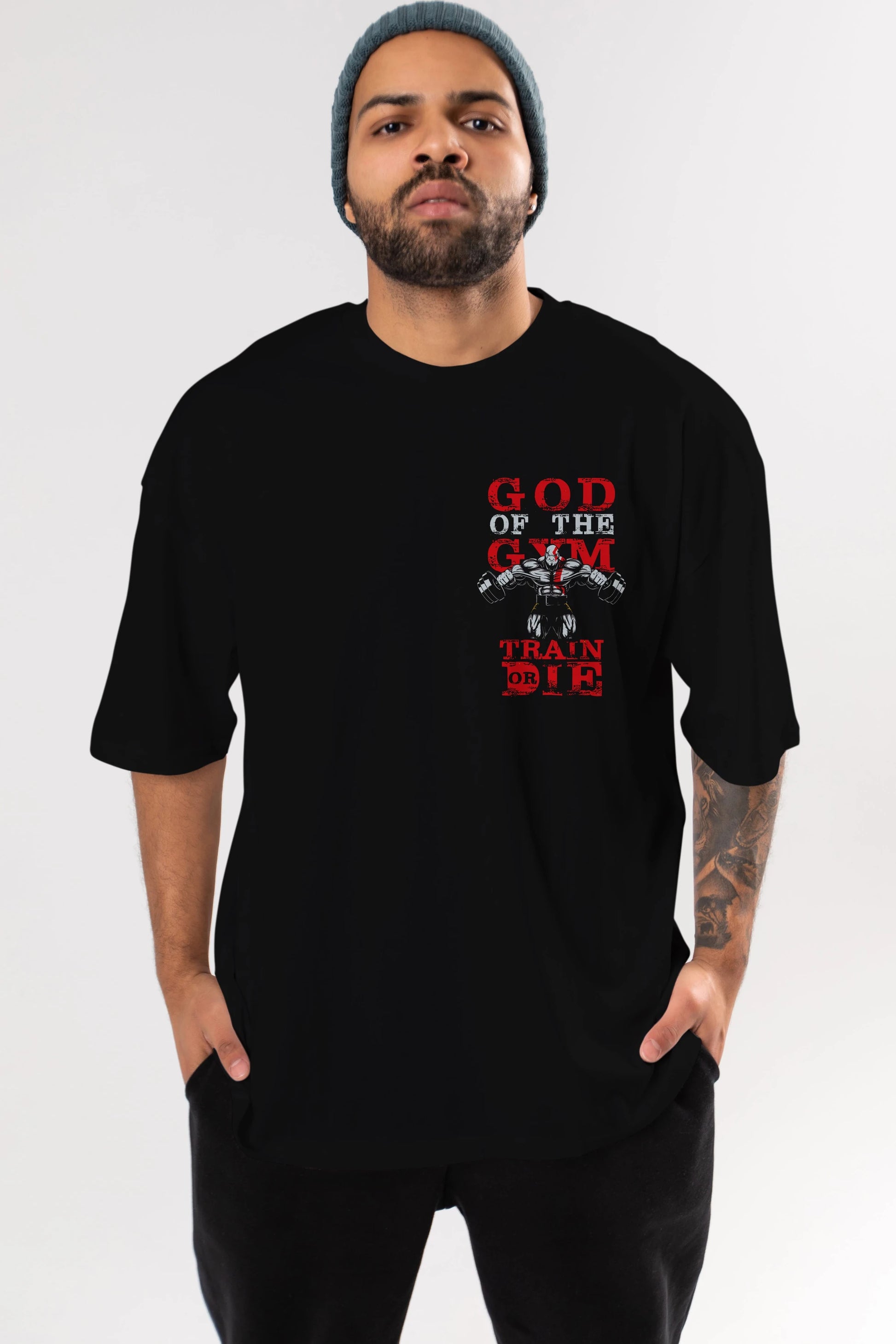 God of The GYM Ön Sol Baskılı Oversize t-shirt Erkek Kadın Unisex %100 Pamuk Bisiklet Yaka tişort