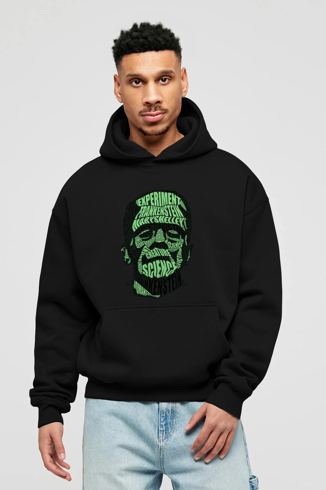 Frankenstein Calligram Ön Baskılı Hoodie Oversize Kapüşonlu Sweatshirt Erkek Kadın Unisex