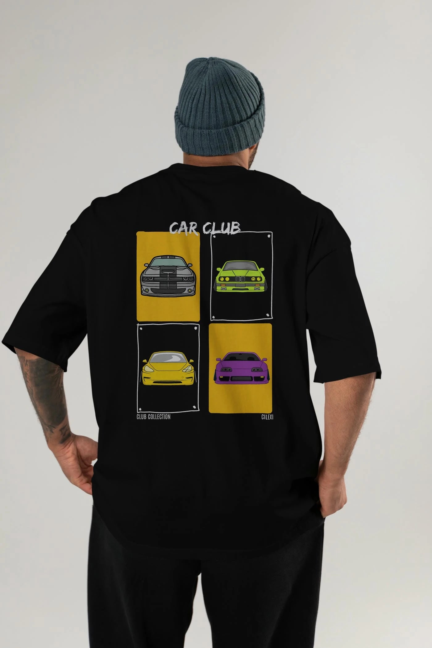 Car Club Arka Baskılı Oversize t-shirt Erkek Kadın %100 Pamuk Bisiklet Yaka tişort