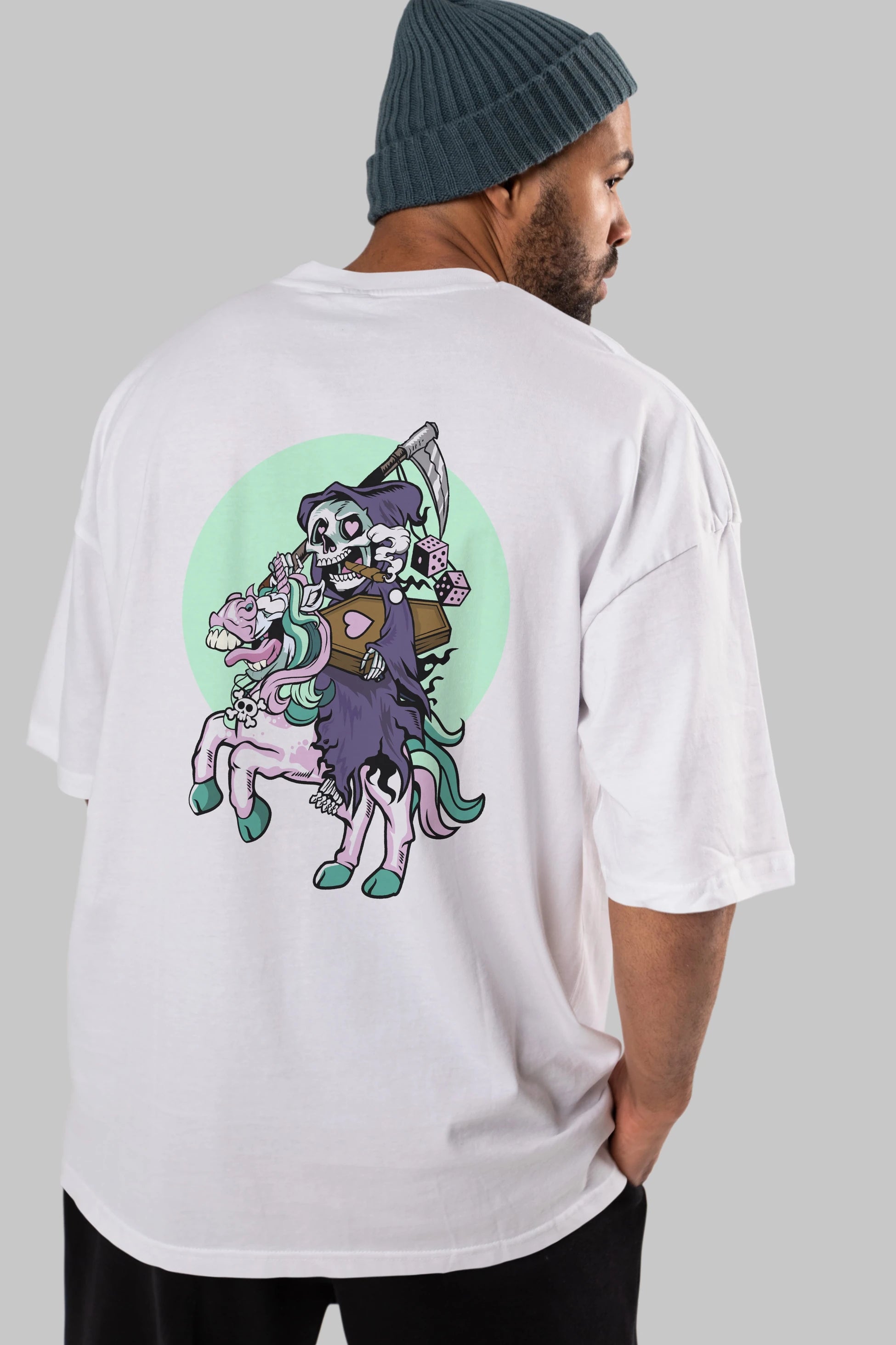 Grim Reaper Riding Unicorn Arka Baskılı Oversize t-shirt Erkek Kadın Unisex %100 Pamuk tişort