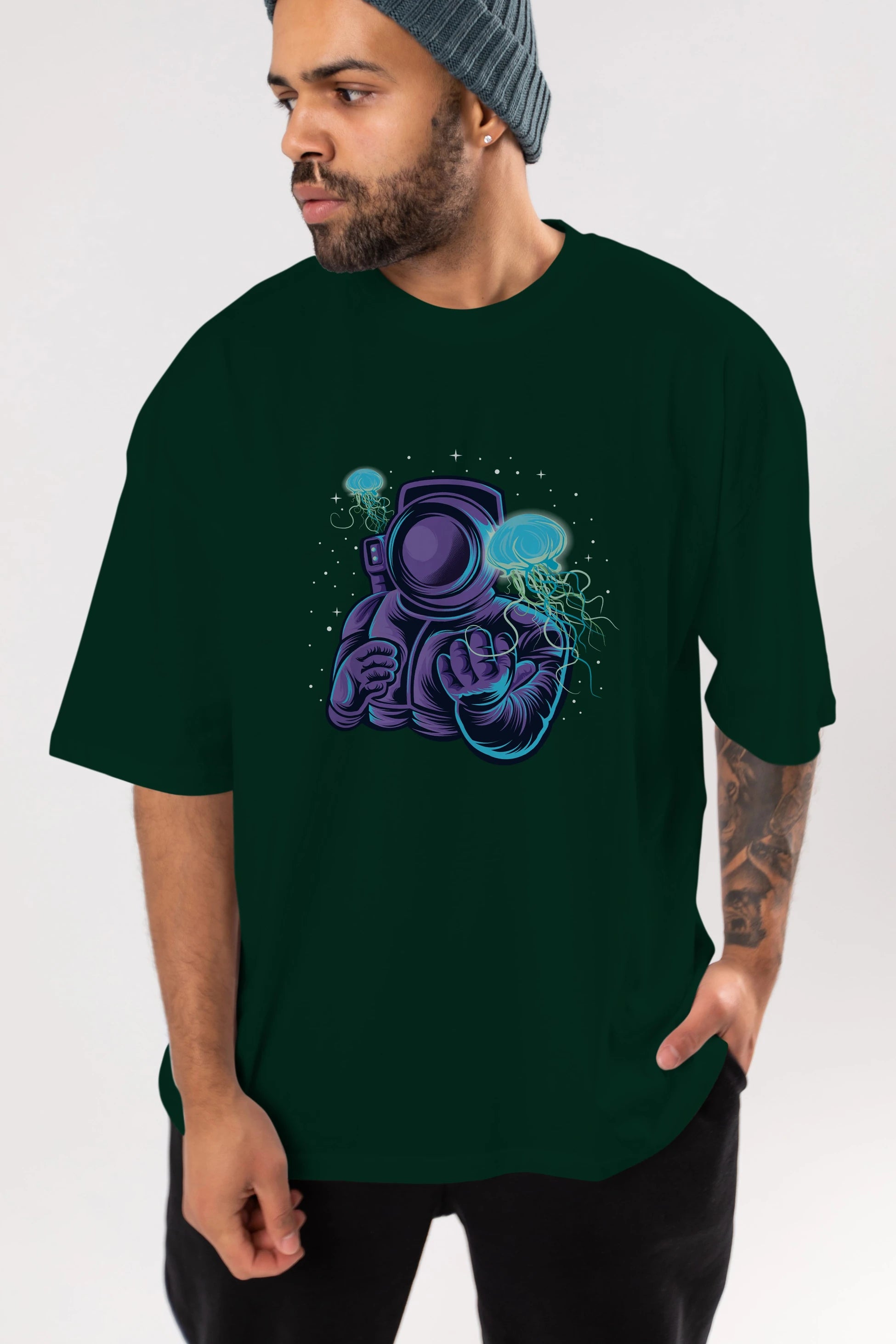 Astronaut and Jellyfish Ön Baskılı Oversize t-shirt Erkek Kadın Unisex