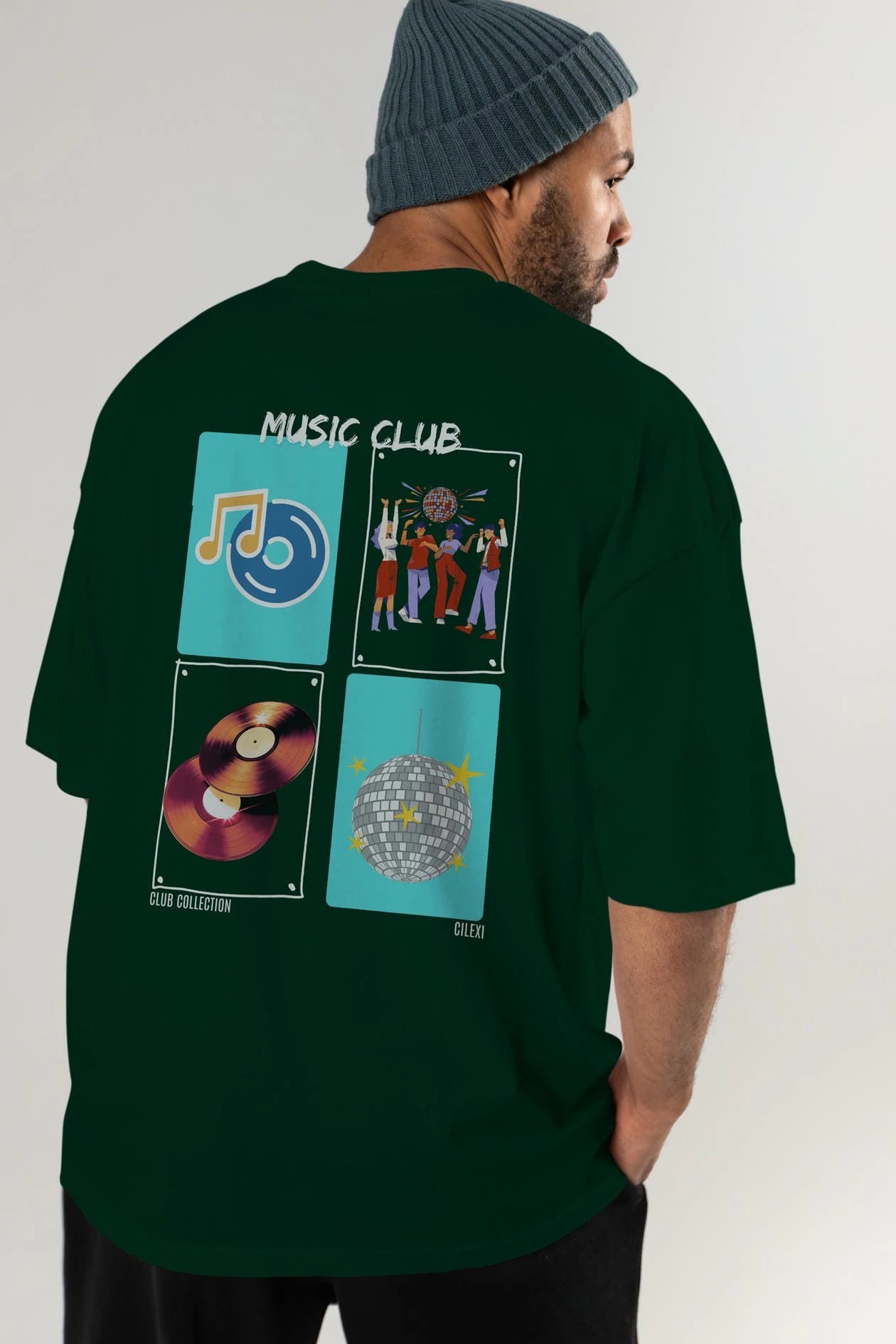 Music Club Arka Baskılı Oversize t-shirt Erkek Kadın %100 Pamuk Bisiklet Yaka tişort