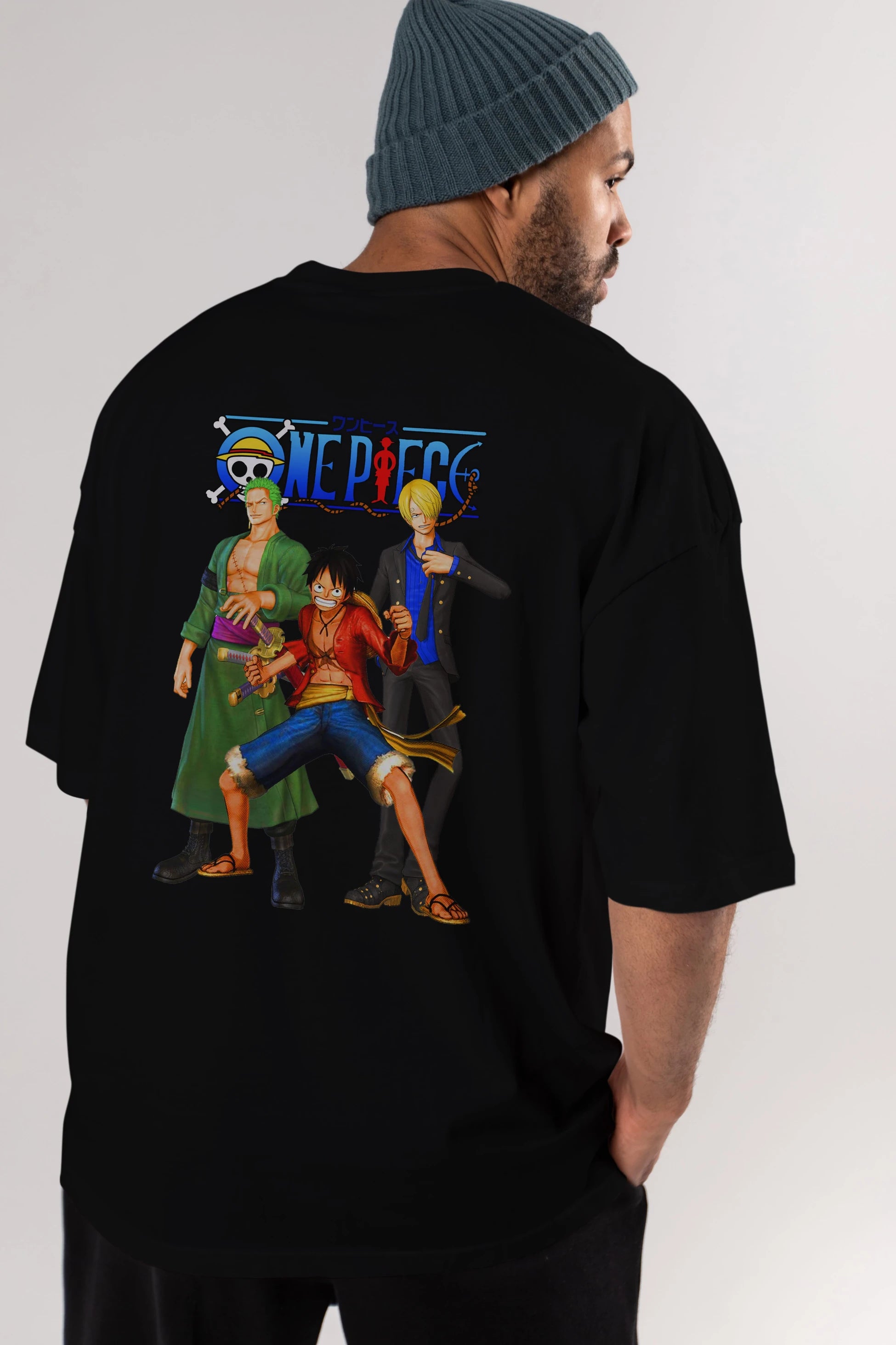 Luffy Sanji Zoro Anime Arka Baskılı Oversize t-shirt Erkek Kadın Unisex %100 pamuk tişort