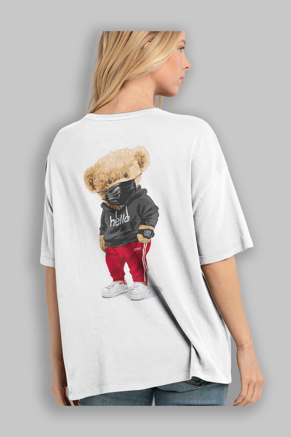 Teddy Bear Hello Sport Arka Baskılı Oversize t-shirt Erkek Kadın Unisex %100 Pamuk