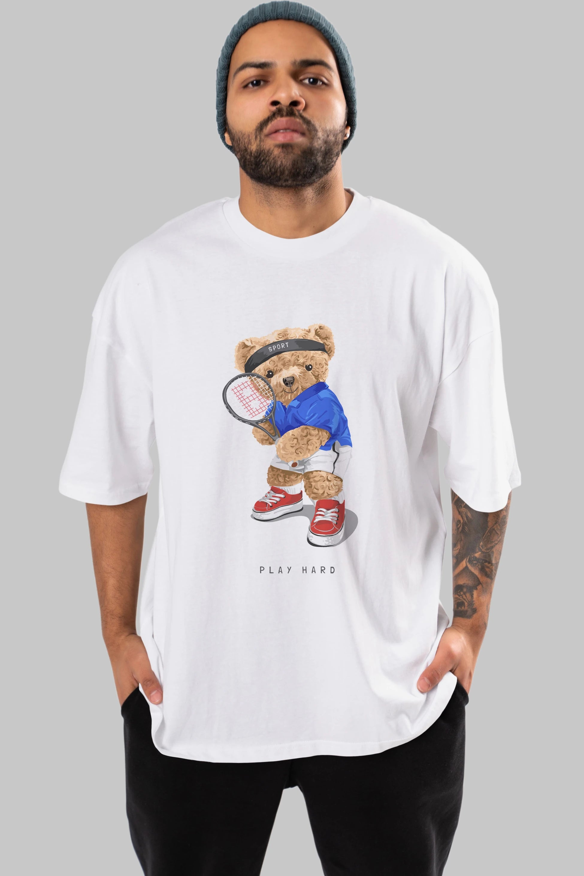 Teddy Bear Play Hard Ön Baskılı Oversize t-shirt Erkek Kadın Unisex %100 Pamuk