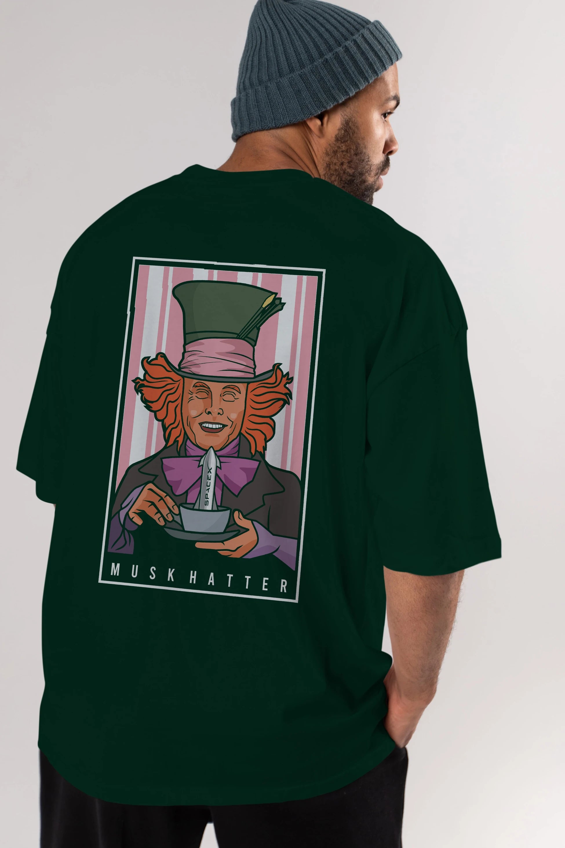 Mad Hatter Elon Musk Arka Baskılı Oversize t-shirt Erkek Kadın Unisex %100 Pamuk tişort