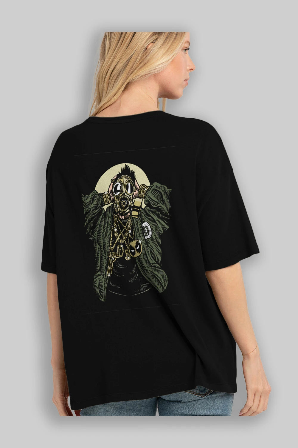 Gasmask Gangsta Arka Baskılı Oversize t-shirt Erkek Kadın Unisex %100 Pamuk