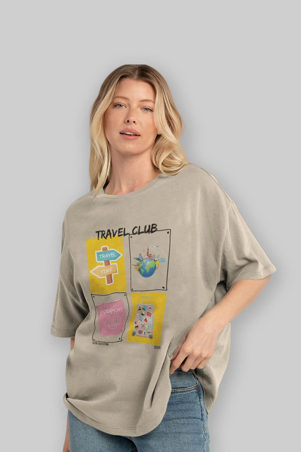 Travel Club ön Baskılı Oversize t-shirt Erkek Kadın %100 Pamuk Bisiklet Yaka tişort