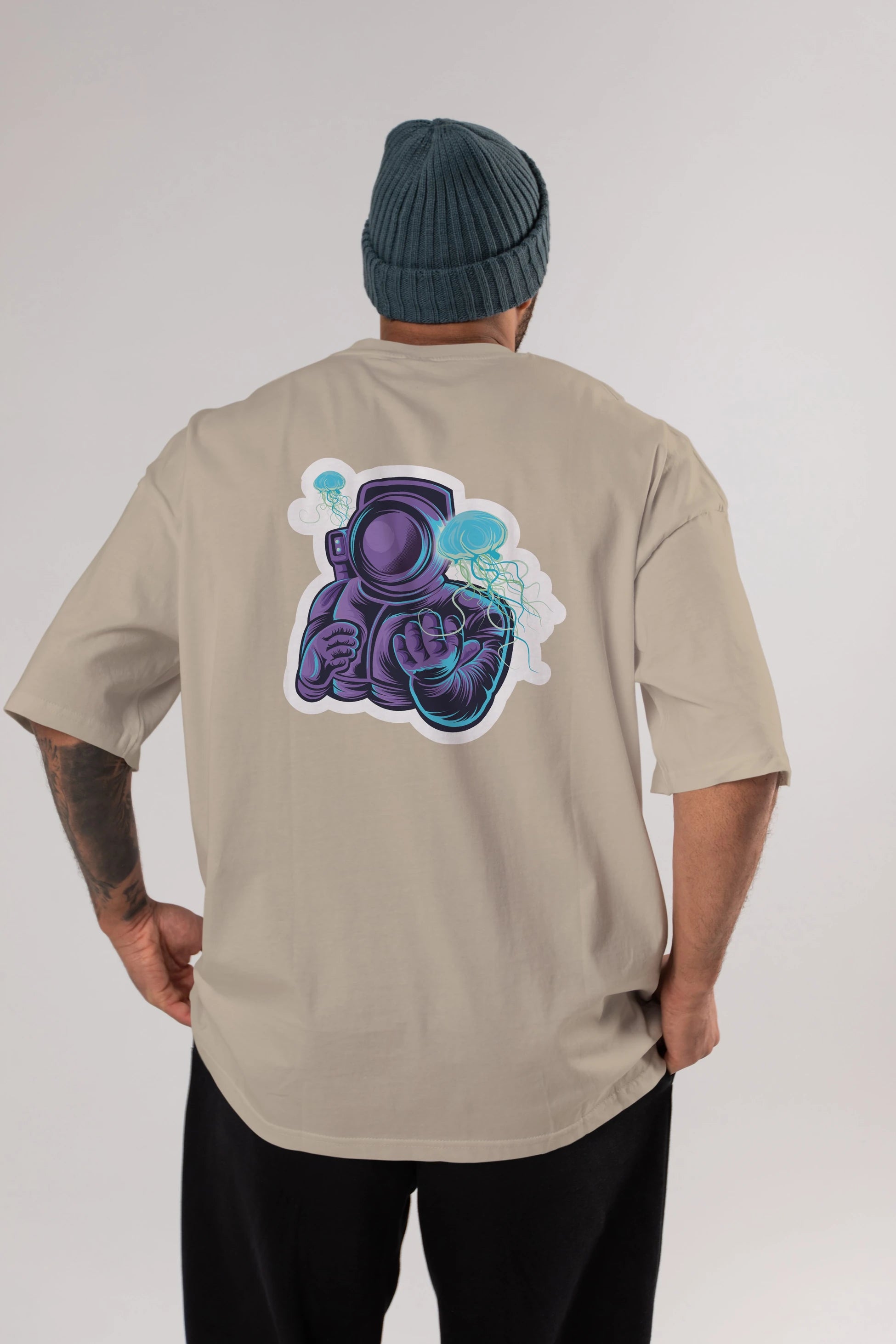 Astronaut and Jellyfish Sticker Arka Baskılı Oversize t-shirt Erkek Kadın Unisex