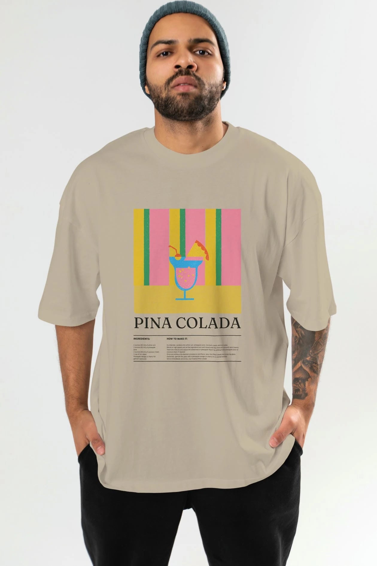Pina Colada Kokteyl Ön Baskılı Oversize t-shirt Erkek Kadın %100 Pamuk Bisiklet Yaka tişort
