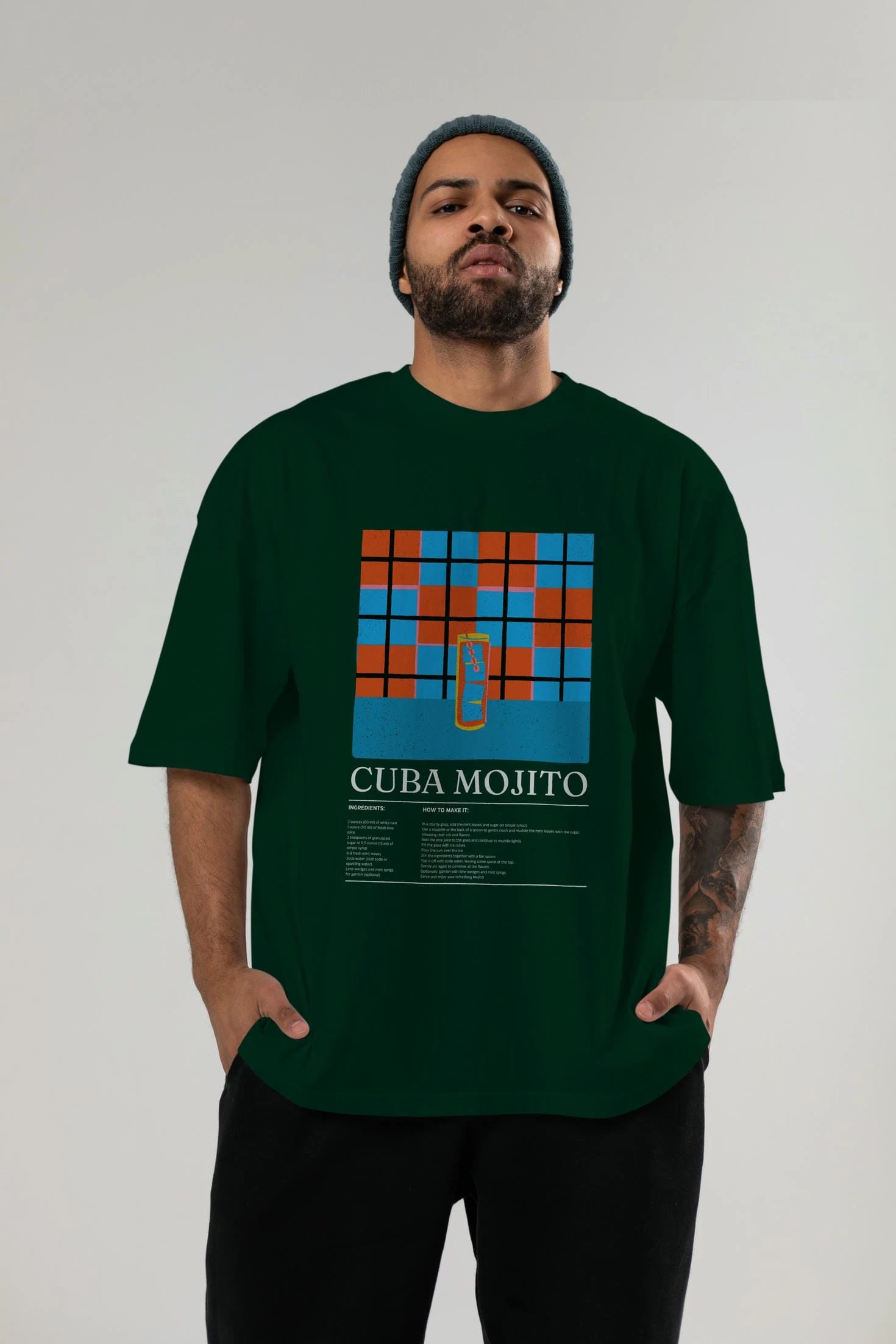 Cuba Mojito Kokteyl Ön Baskılı Oversize t-shirt Erkek Kadın %100 Pamuk Bisiklet Yaka tişort