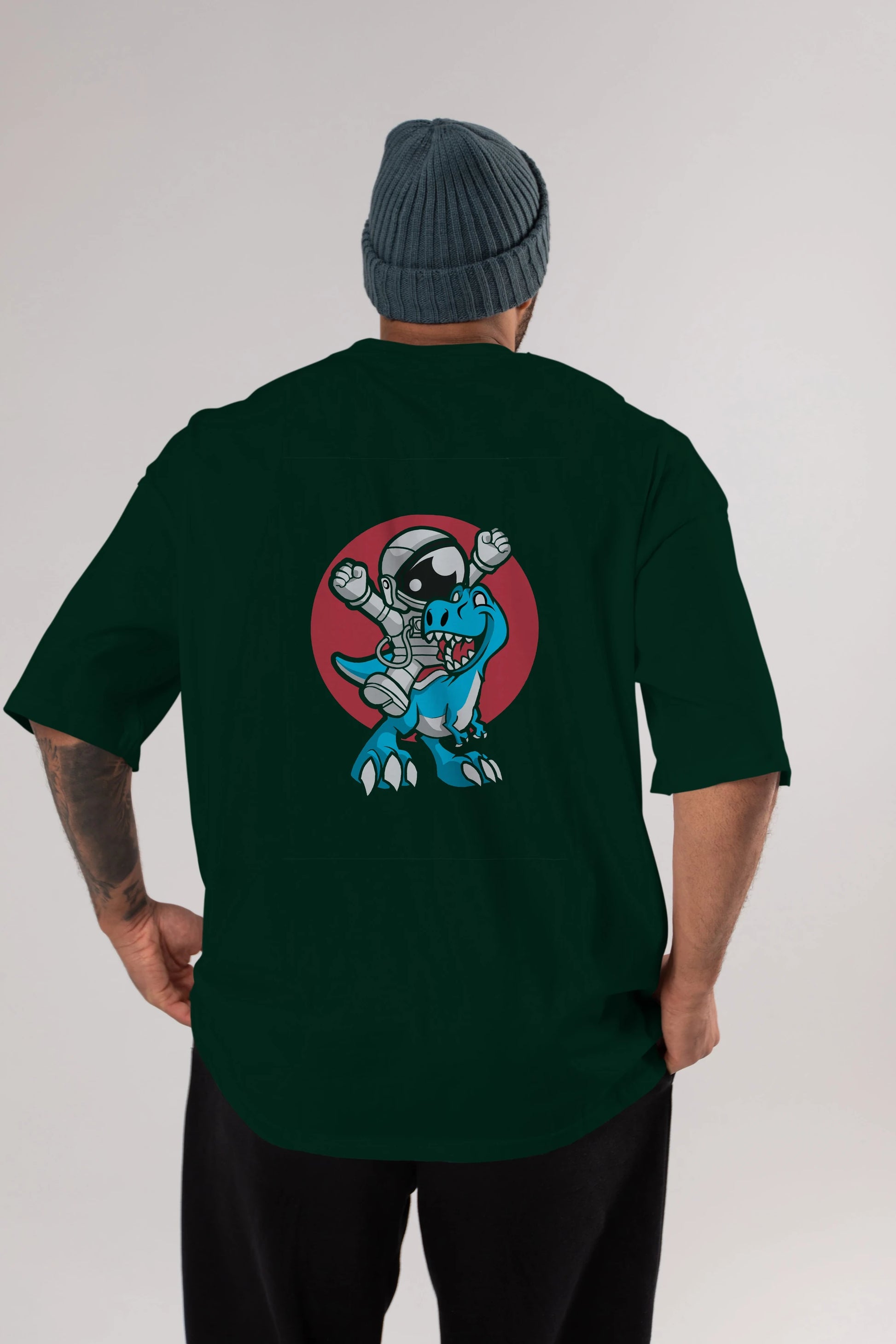 Astronaut Dino Arka Baskılı Oversize t-shirt Erkek Kadın Unisex %100 Pamuk tişort
