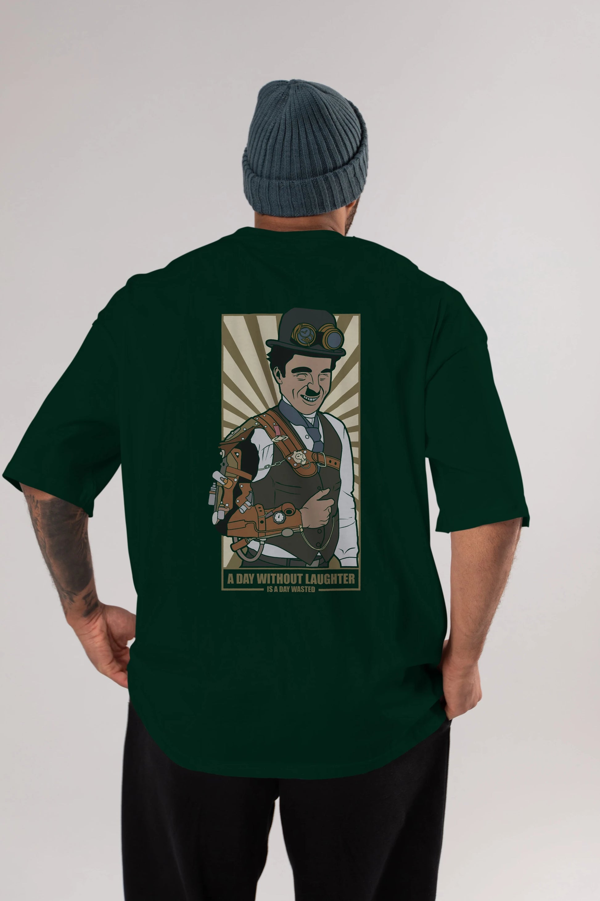 Steampunk Chaplin Arka Baskılı Oversize t-shirt Erkek Kadın Unisex %100 Pamuk tişort