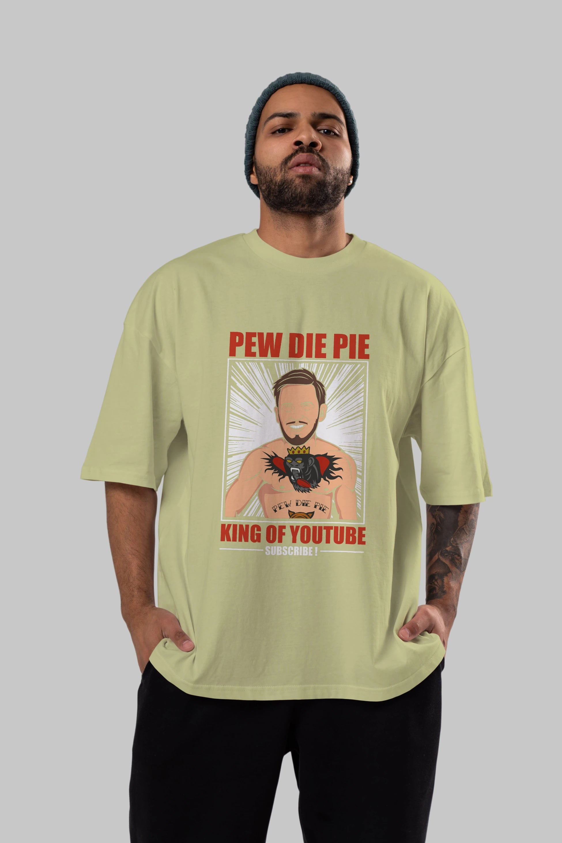 Pew Die Pie Fighter Ön Baskılı Oversize t-shirt Erkek Kadın Unisex %100 Pamuk tişort