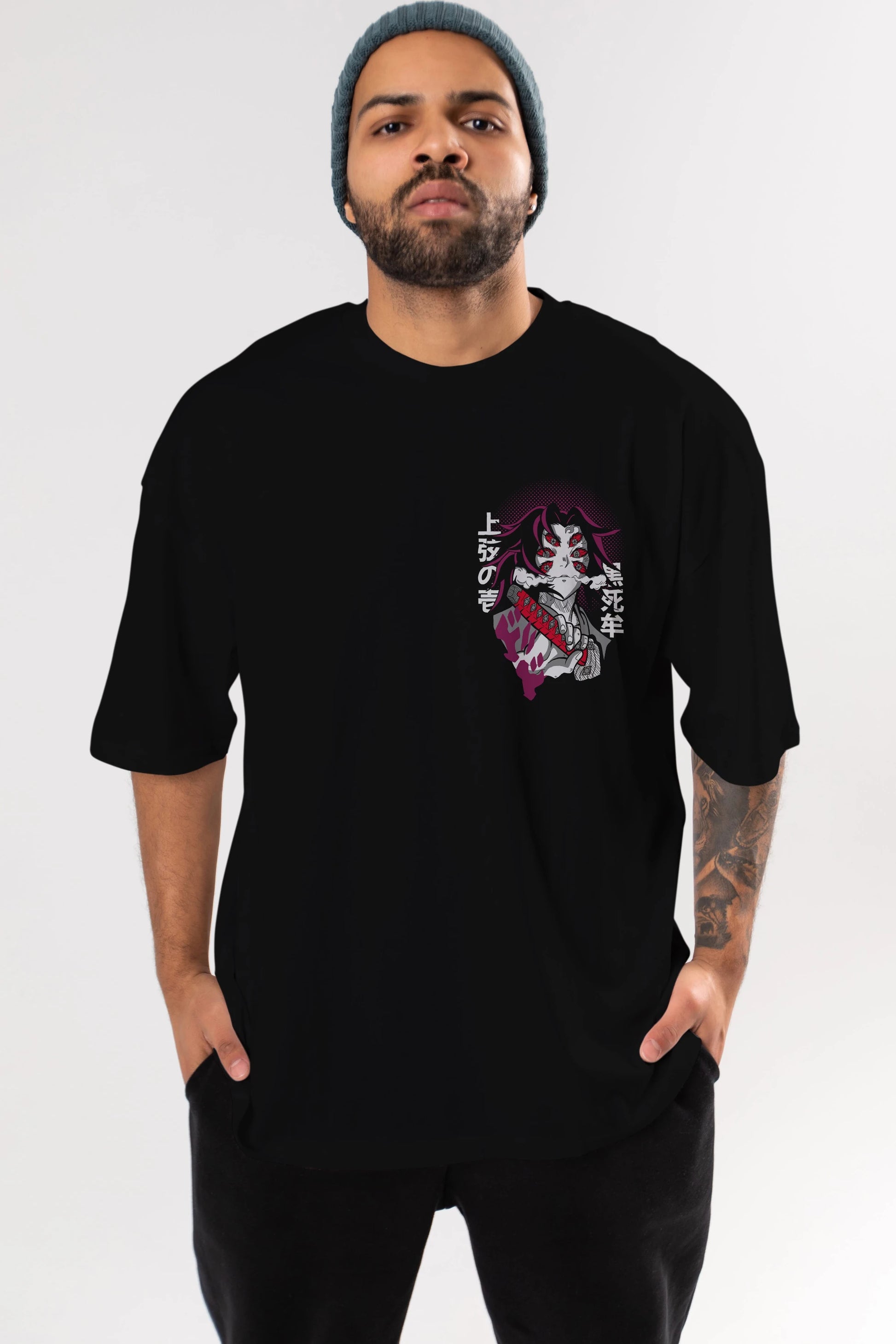 Kokushibo Ön Sol Baskılı Oversize t-shirt Erkek Kadın Unisex %100 Pamuk Bisiklet Yaka tişort