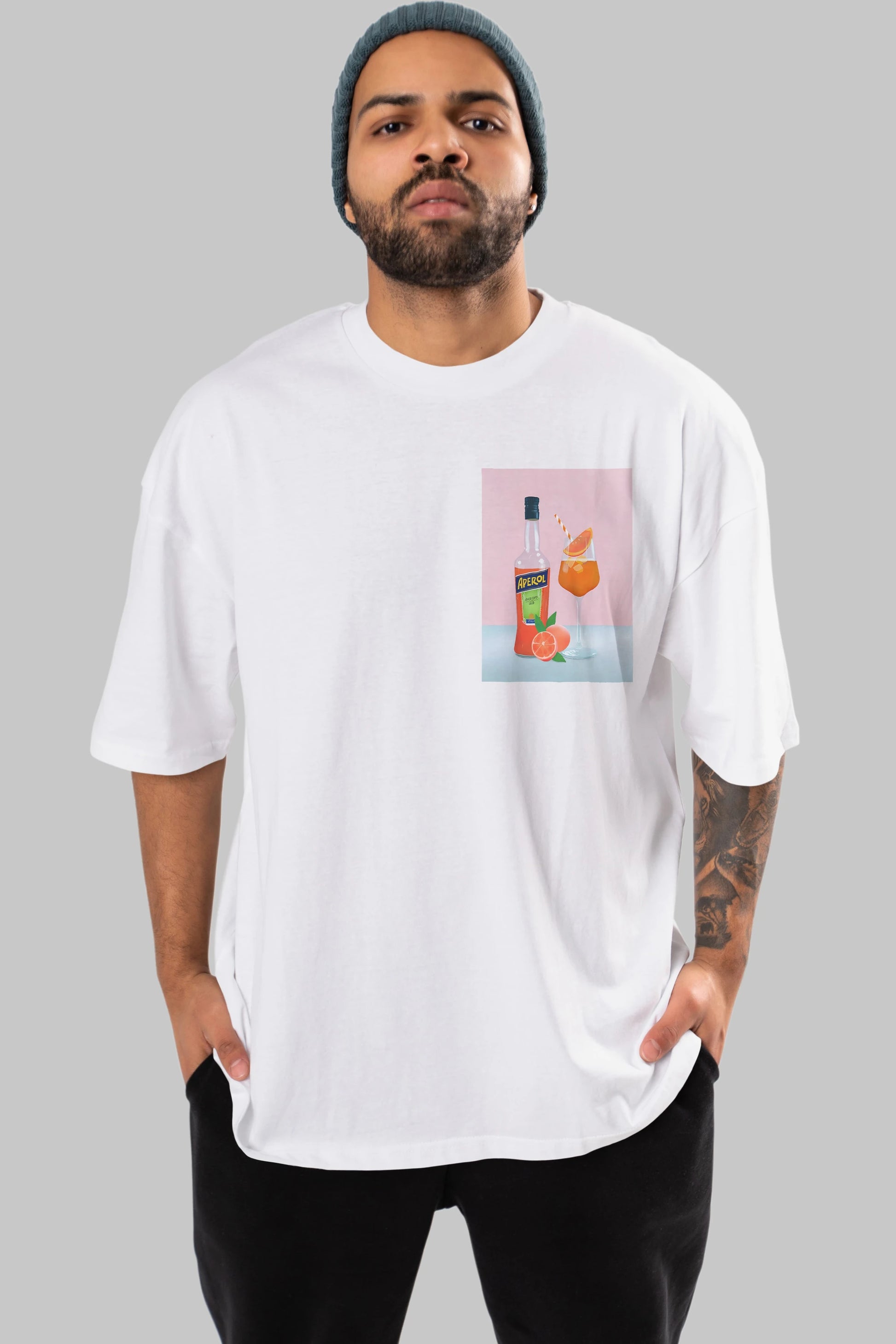 Aperol Spritz 3 Ön Sol Baskılı Oversize t-shirt Erkek Kadın Unisex %100 Pamuk Bisiklet Yaka tişort