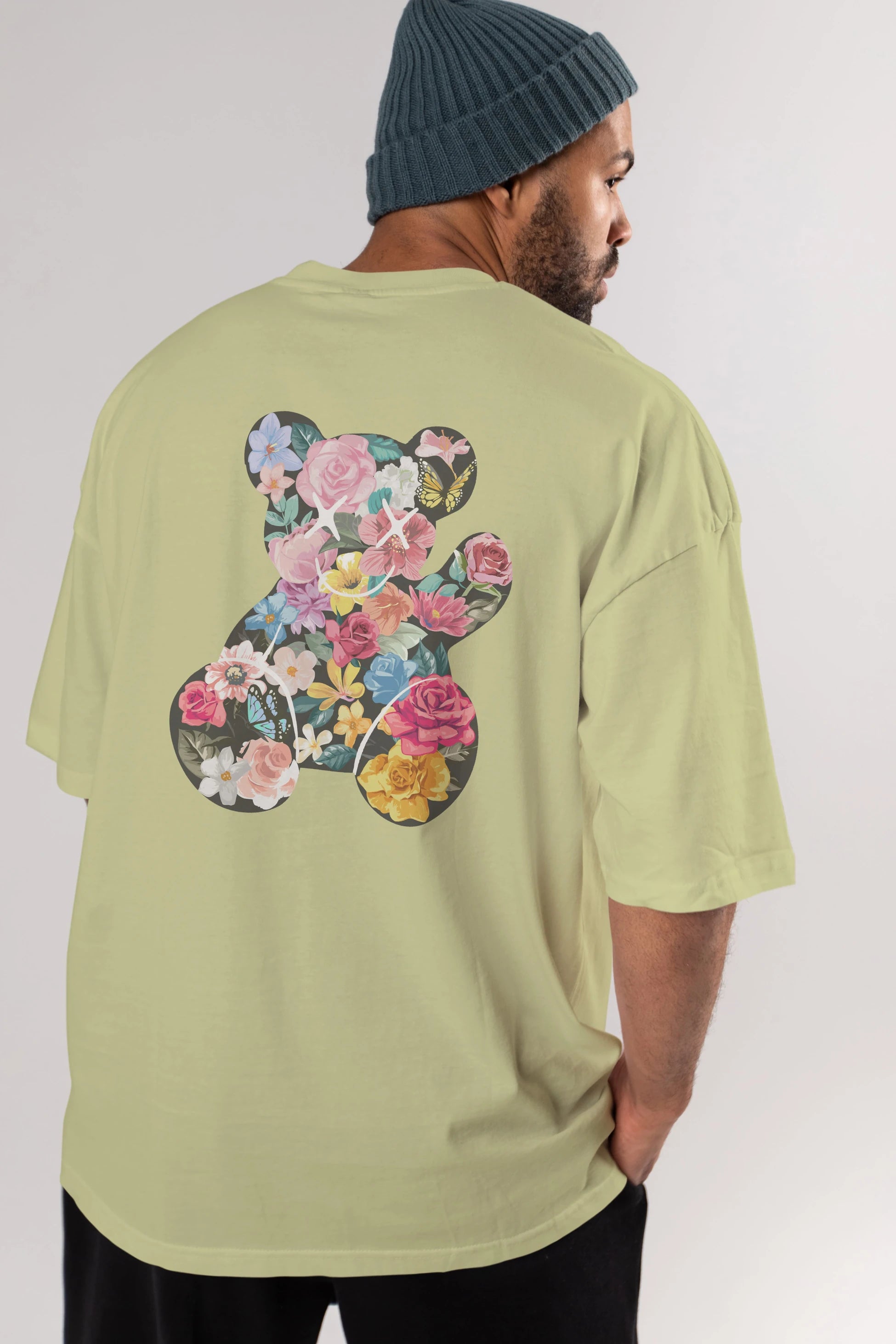 Flowers Bear Arka Baskılı Oversize t-shirt Erkek Kadın Unisex