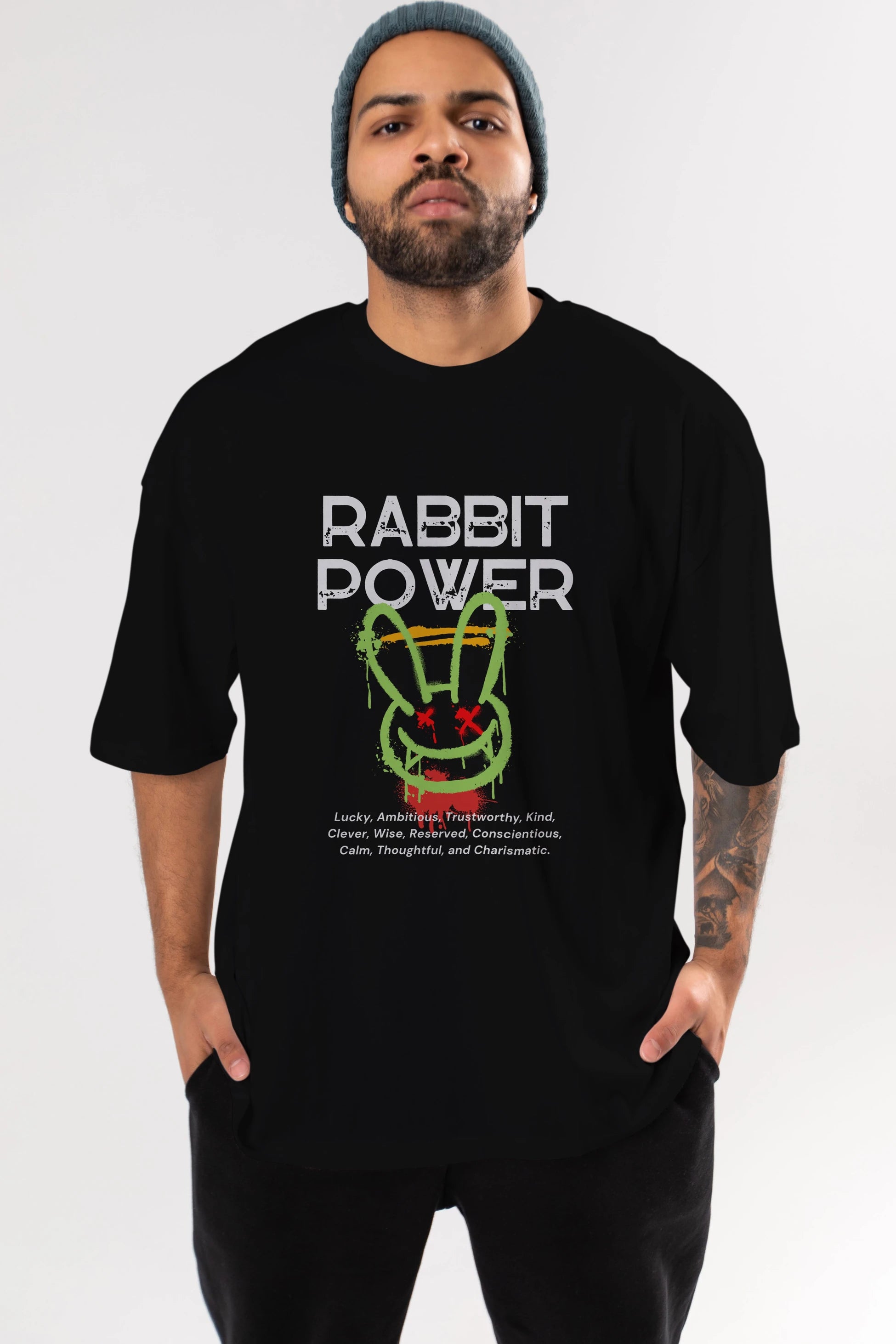 Rabbit Power Yazılı Ön Baskılı Oversize t-shirt Erkek Kadın Unisex