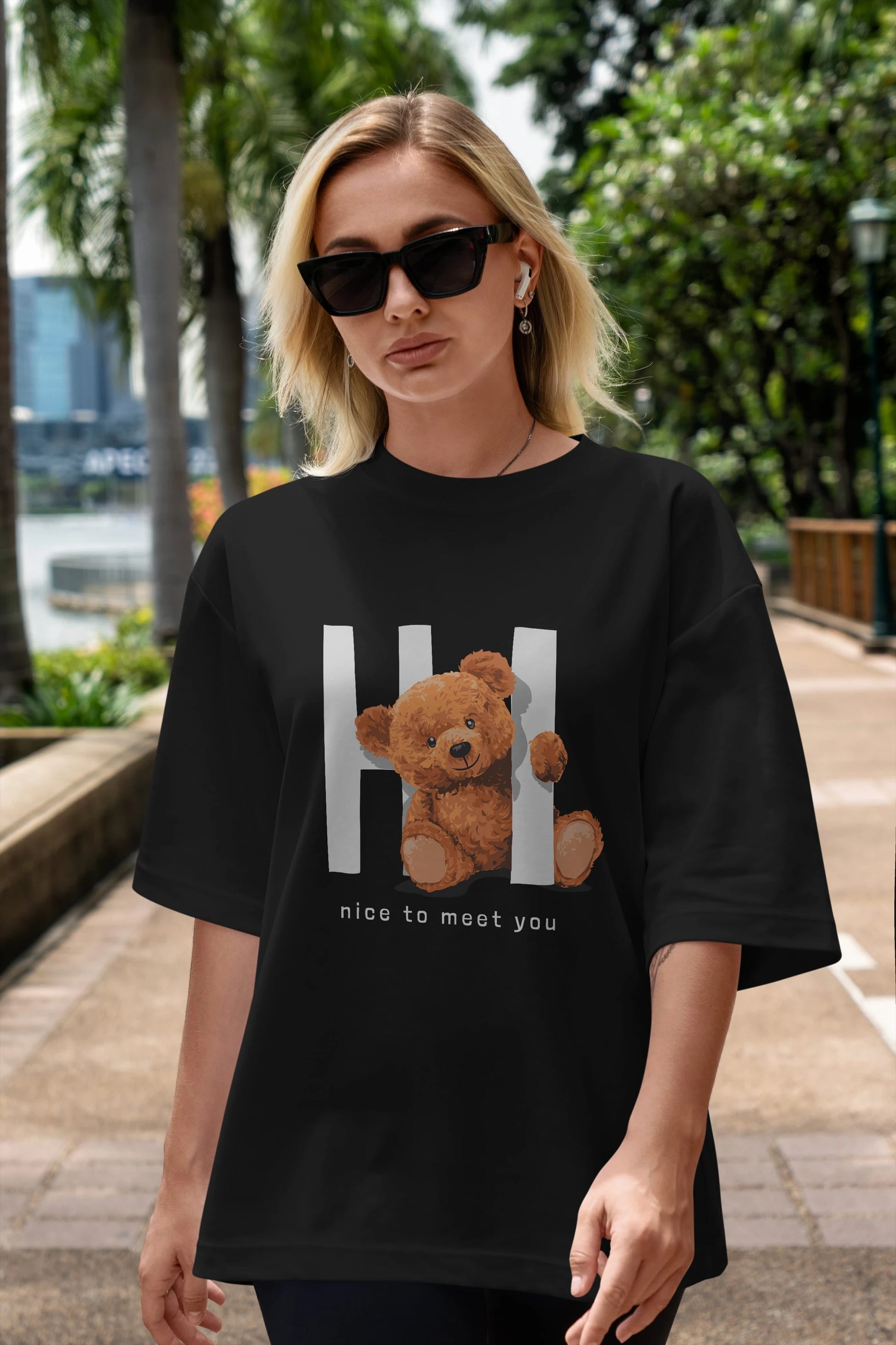 Teddy Bear Hi Nice To Meet You Ön Baskılı Oversize t-shirt Erkek Kadın Unisex %100 Pamuk