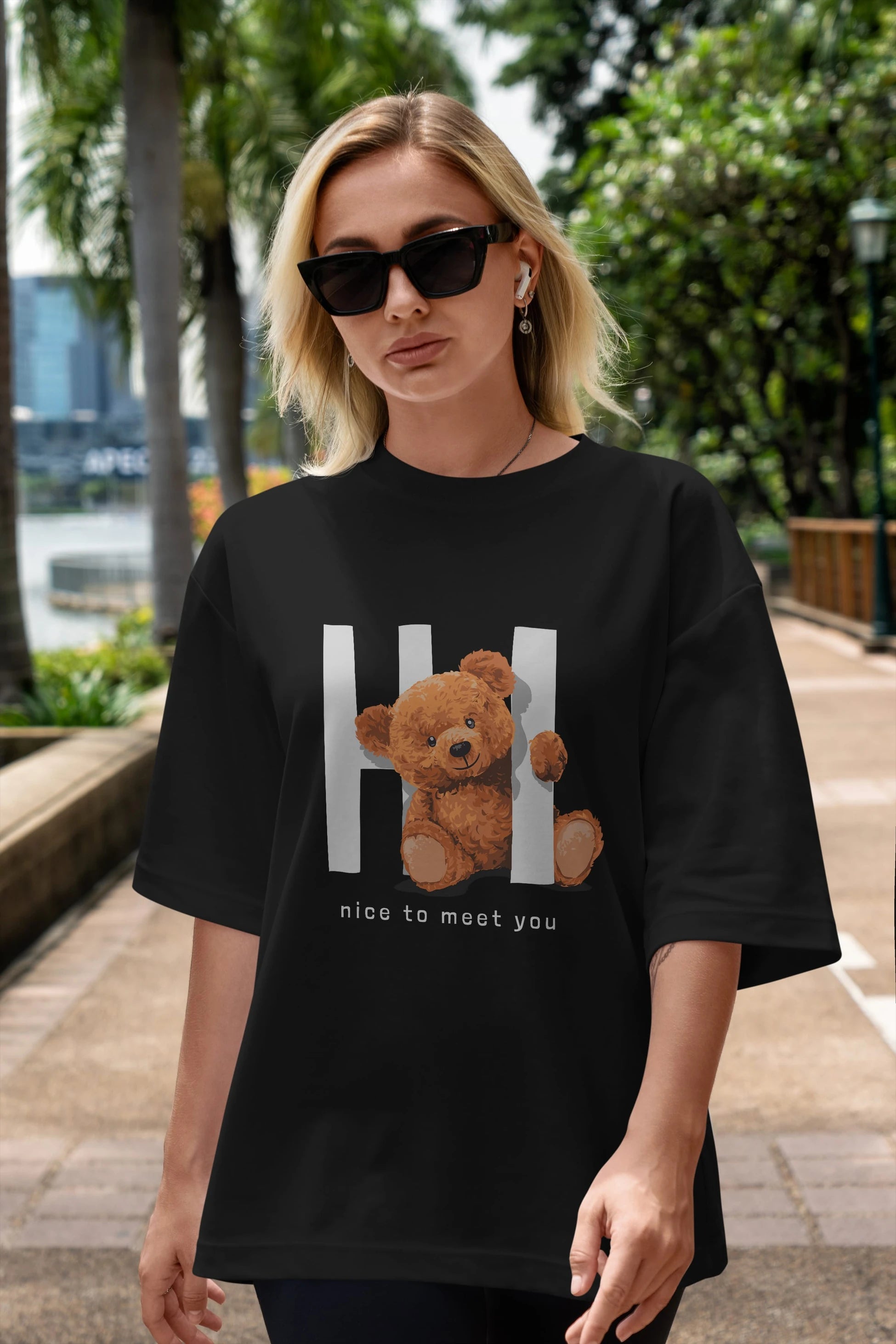 Teddy Bear Hi Nice To Meet You Ön Baskılı Oversize t-shirt Erkek Kadın Unisex %100 Pamuk
