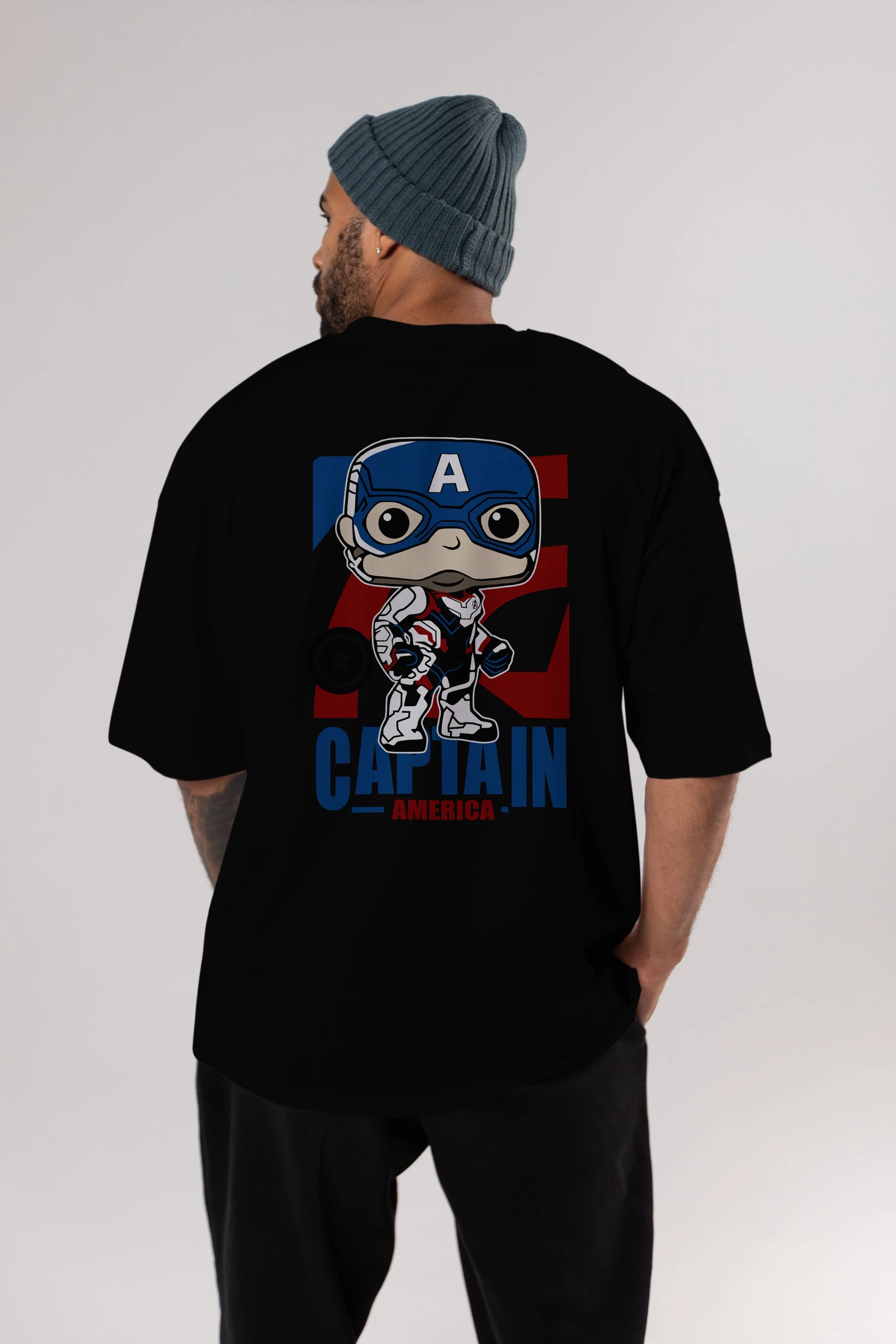 Captain America Arka Baskılı Oversize t-shirt Erkek Kadın Unisex %100 Pamuk Bisiklet Yaka tişort