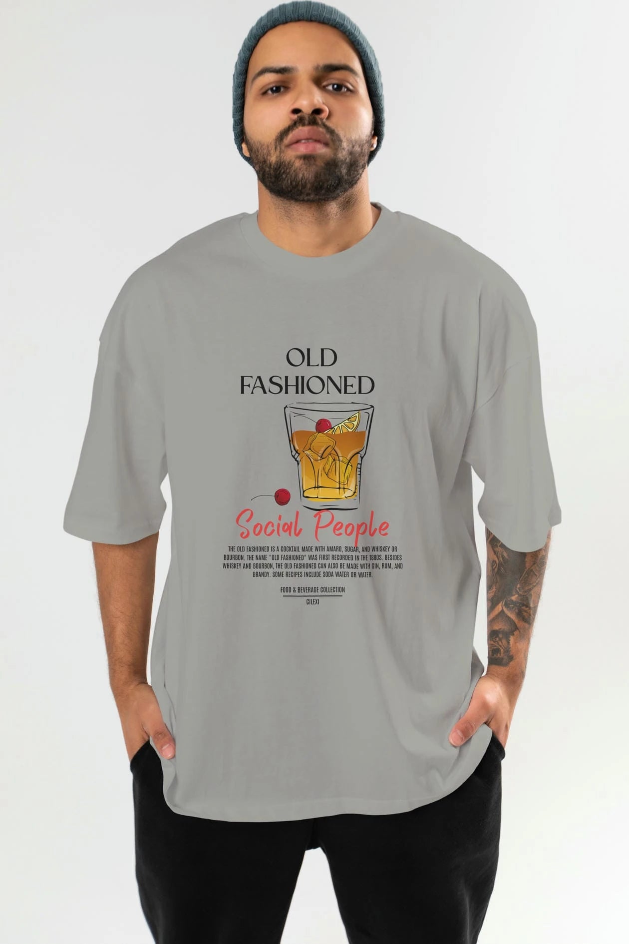 Old Fashıoned Kokteyl Serisi ön Baskılı Oversize t-shirt Erkek Kadın %100 Pamuk Bisiklet Yaka tişort