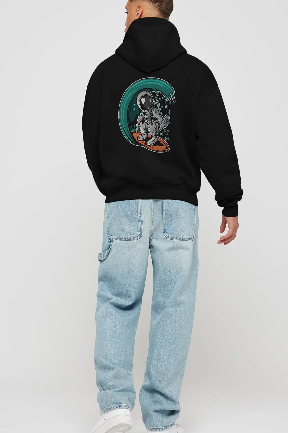 Astronaut Surfing Arka Baskılı Hoodie Oversize Kapüşonlu Sweatshirt Erkek Kadın Unisex