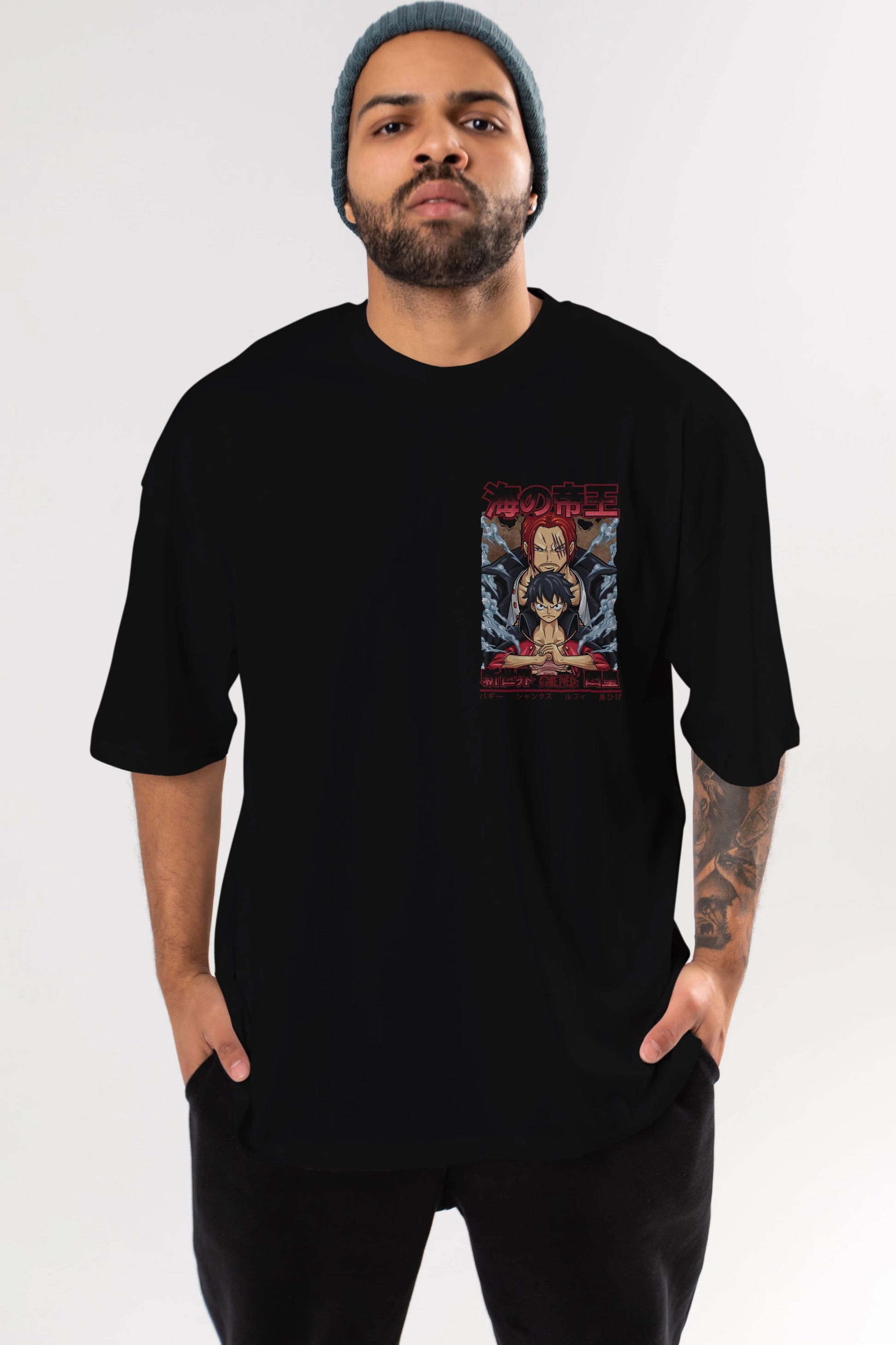 MONKEY D. LUFF and SHANKS Ön Sol Baskılı Oversize t-shirt Erkek Kadın Unisex %100 Pamuk Bisiklet Yaka tişort
