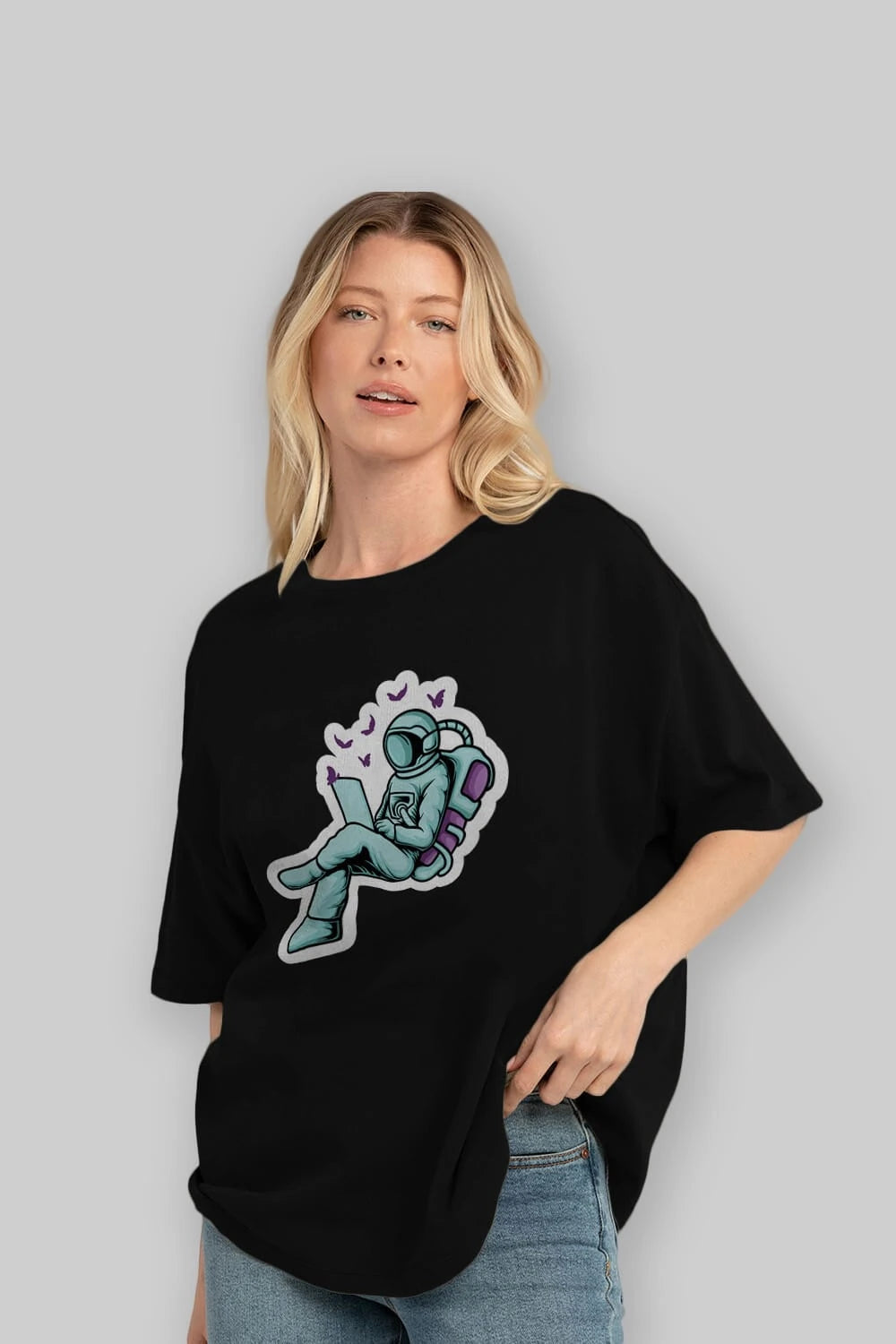 Work with Butterflies in Space Sticker Ön Baskılı Oversize t-shirt Erkek Kadın Unisex