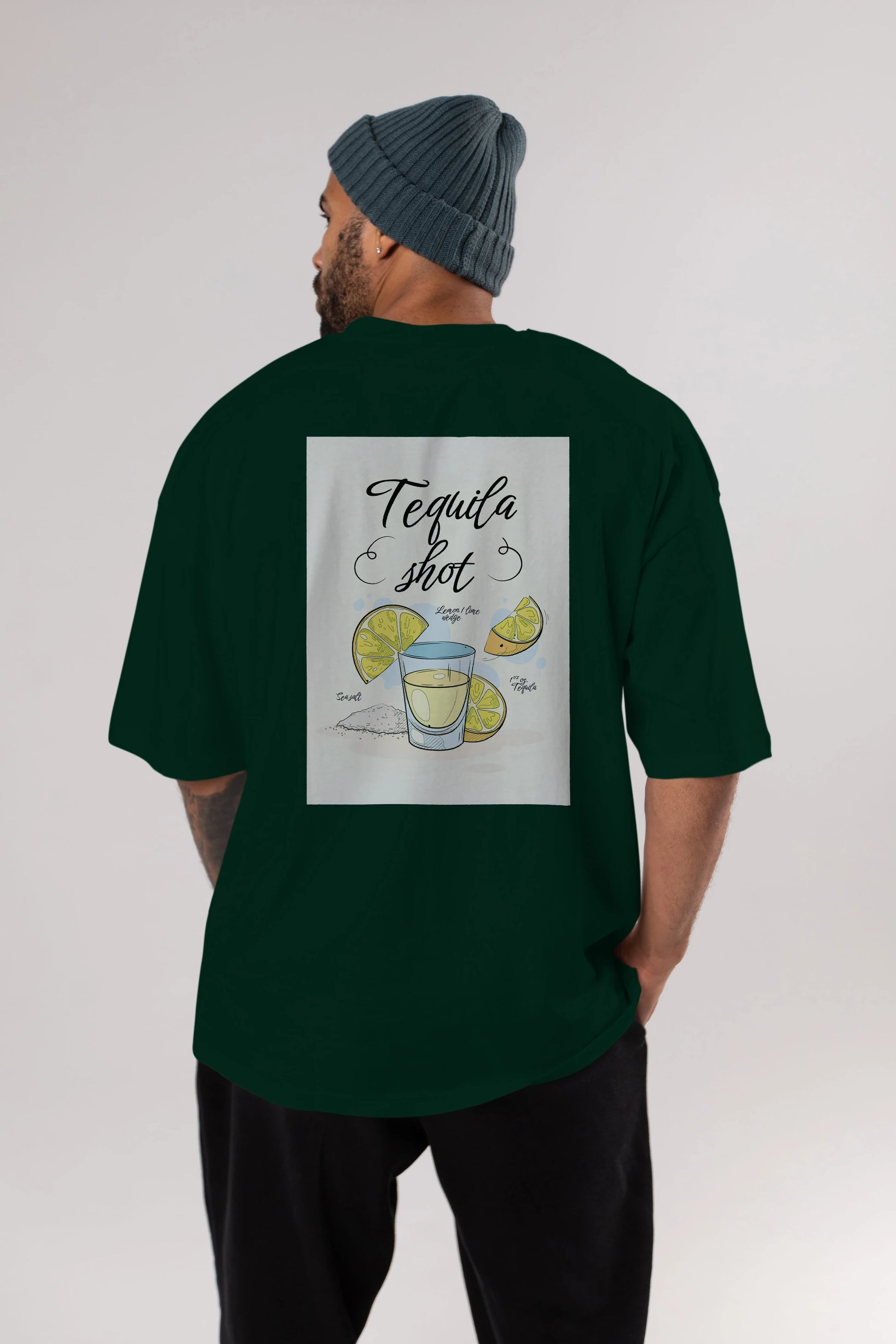 Tequila Shot Arka Baskılı Oversize t-shirt Erkek Kadın Unisex %100 Pamuk Bisiklet Yaka tişort