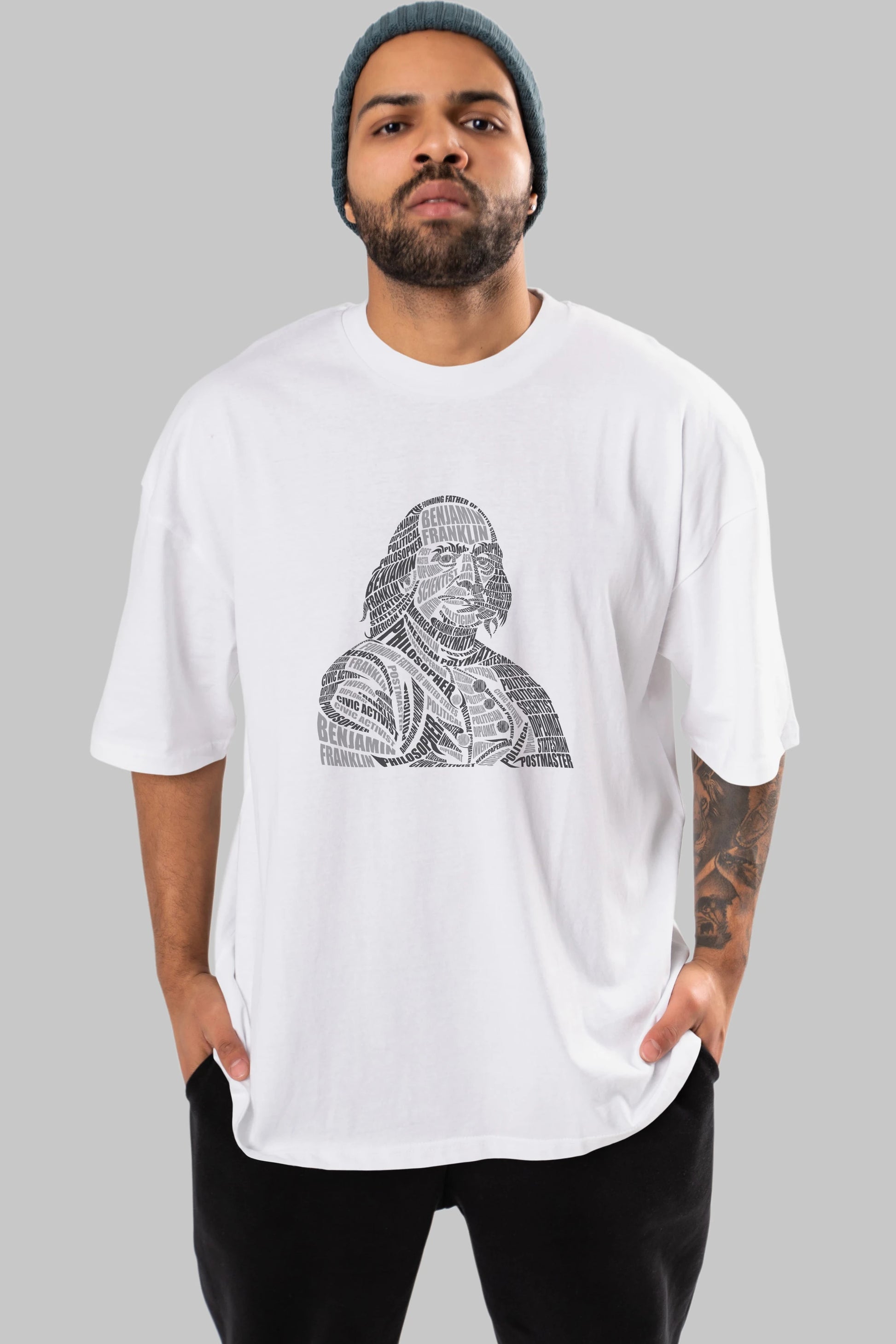 Benjamin Franklin Calligram Ön Baskılı Oversize t-shirt %100 pamuk Erkek Kadın Unisex