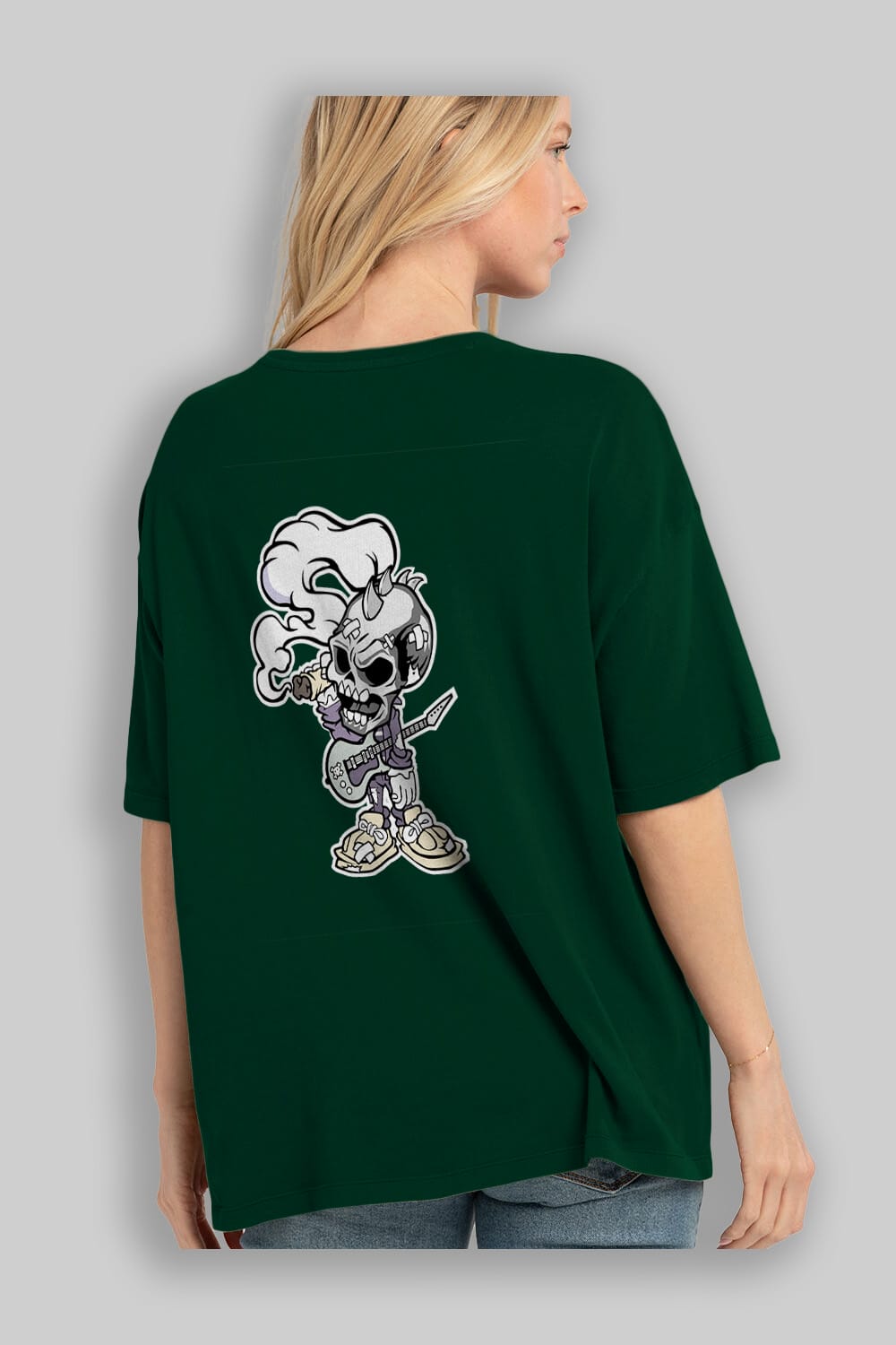 Skull Smoker Punk Rocker Arka Baskılı Oversize t-shirt Erkek Kadın Unisex %100 Pamuk tişort