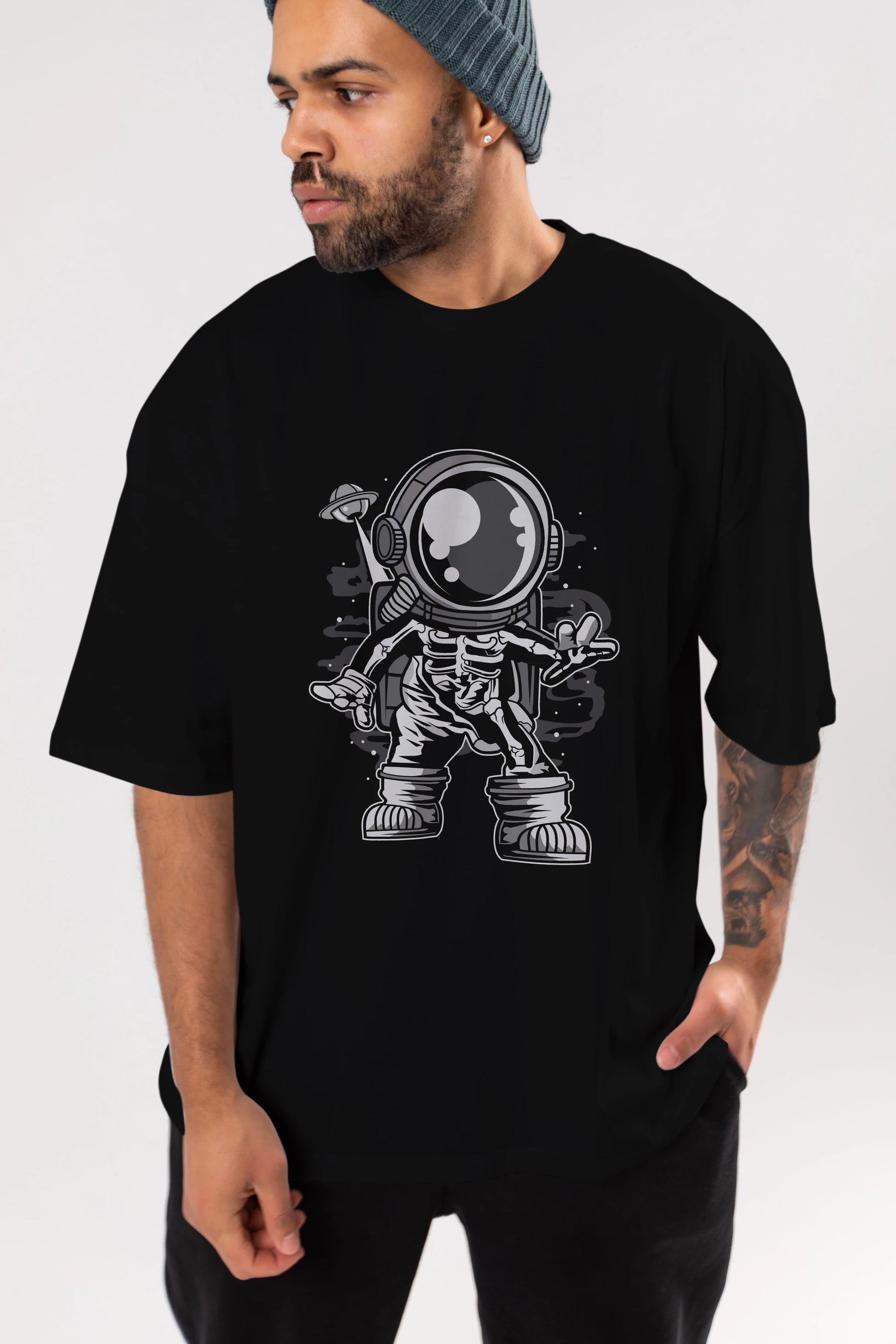 Space Skeleton Ön Baskılı Oversize t-shirt Erkek Kadın Unisex