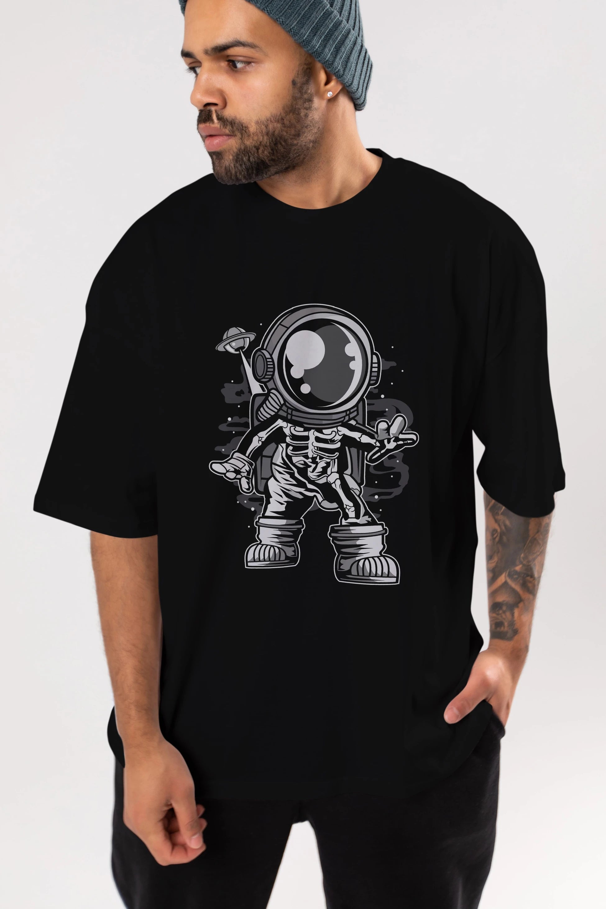 Space Skeleton Ön Baskılı Oversize t-shirt Erkek Kadın Unisex