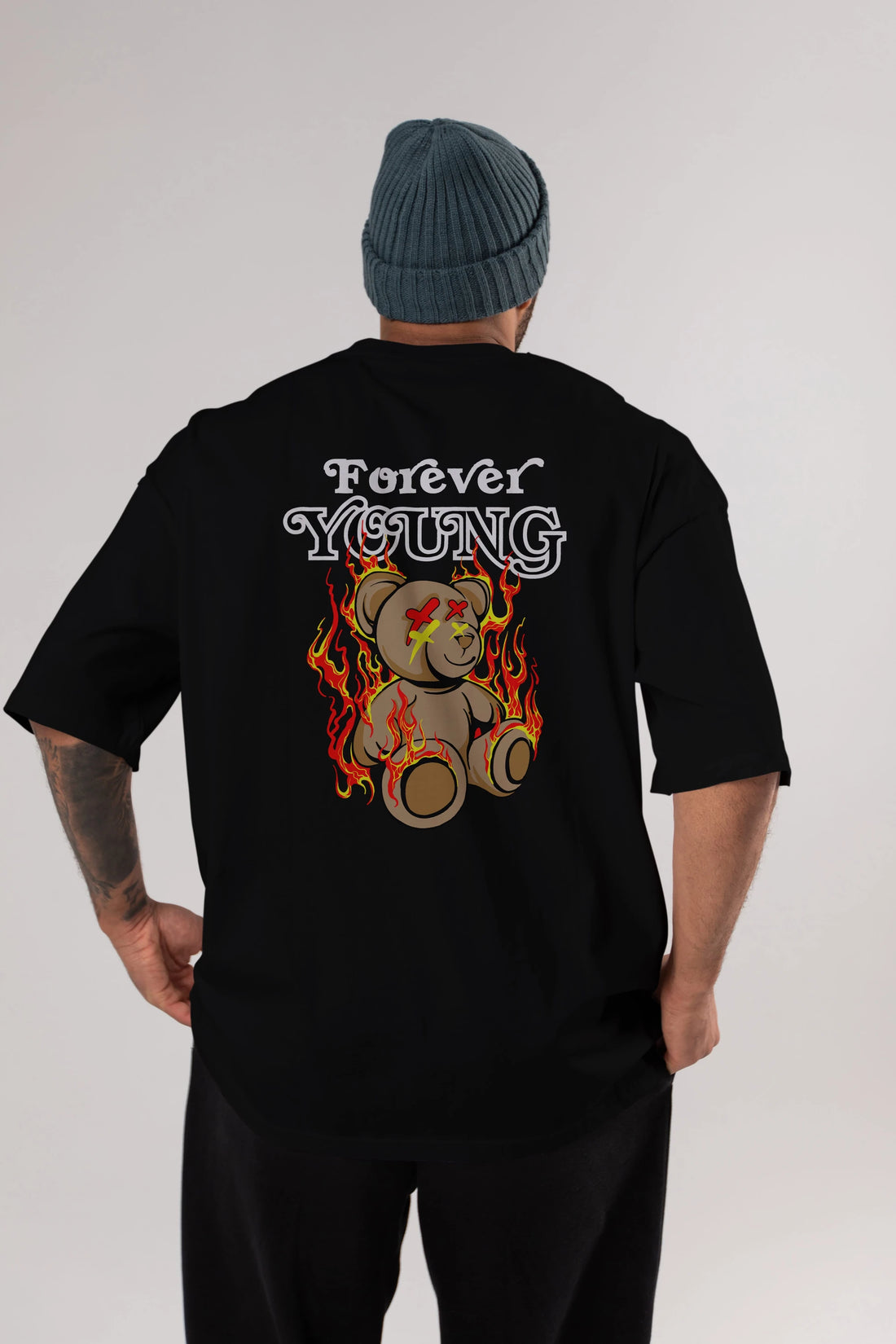 Forever Young Bear Arka Baskılı Oversize t-shirt Erkek Kadın Unisex