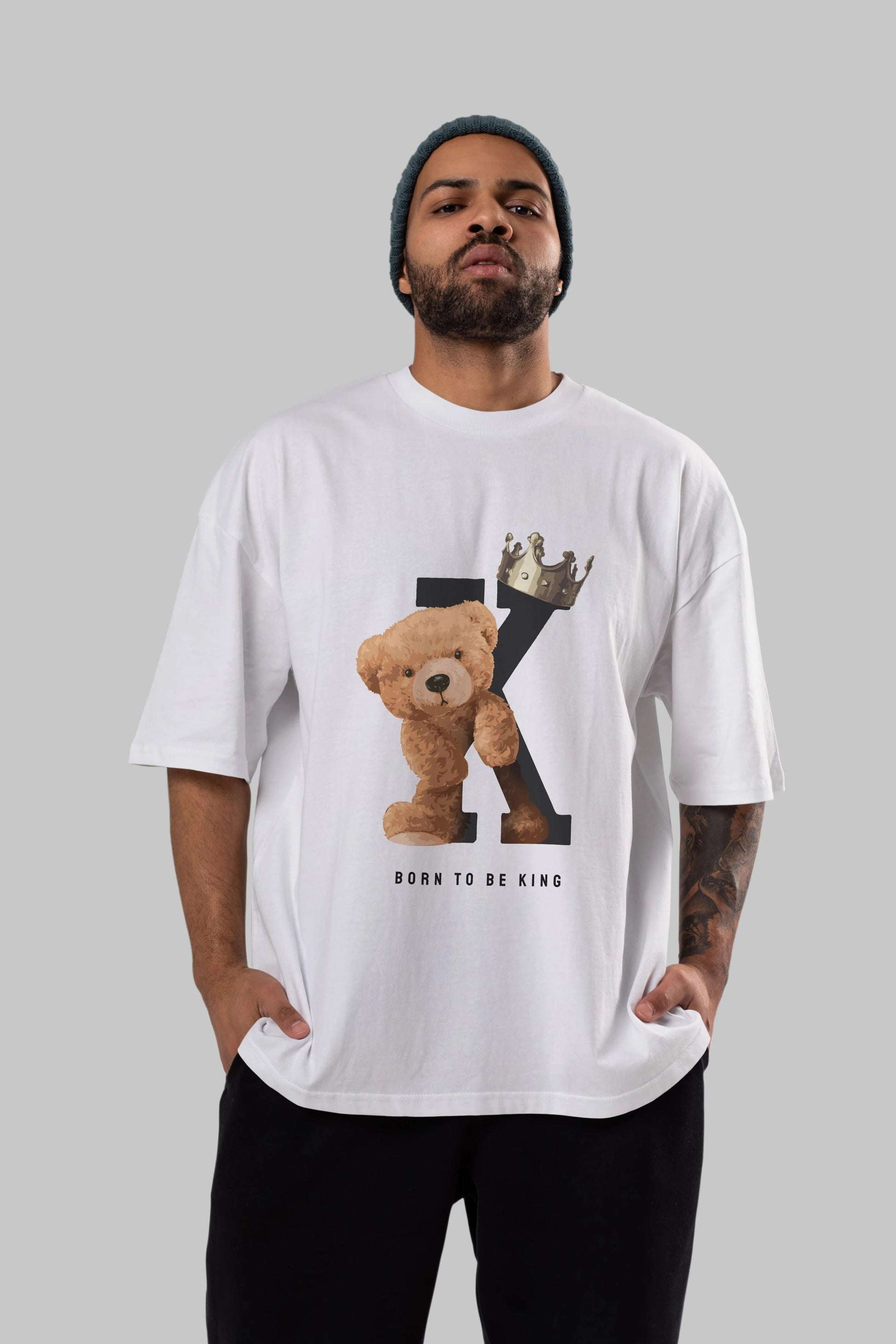Teddy Bear Born To Be King Ön Baskılı Oversize t-shirt Erkek Kadın Unisex %100 Pamuk