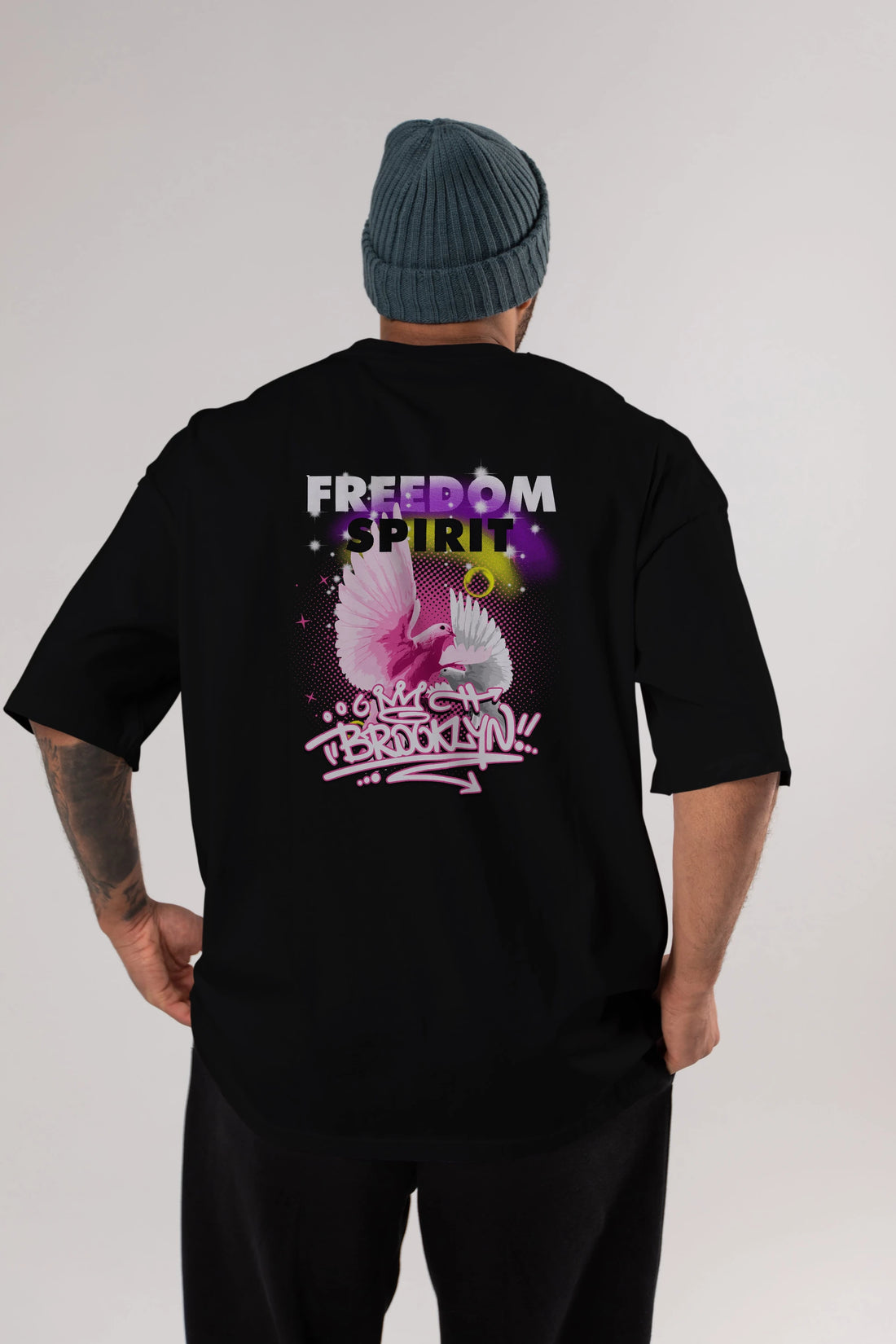 Freedom Spirit Brooklyn Arka Baskılı Oversize t-shirt Erkek Kadın Unisex