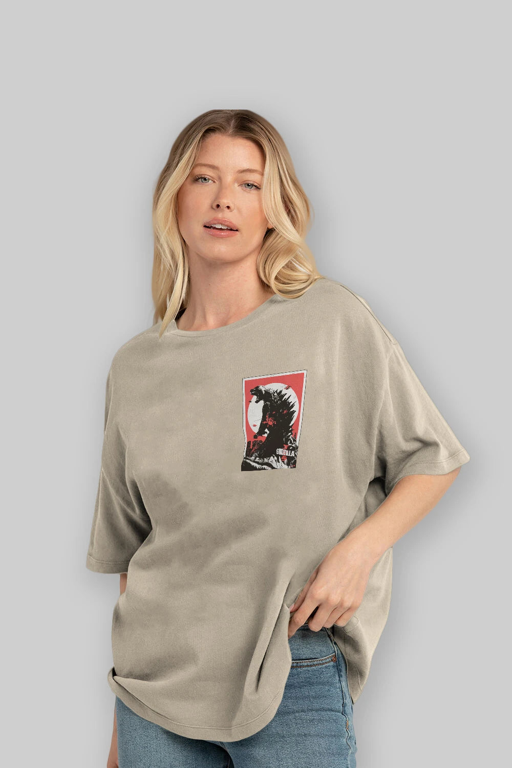 Godzilla (2) Ön Sol Baskılı Oversize t-shirt Erkek Kadın Unisex %100 Pamuk Bisiklet Yaka tişort