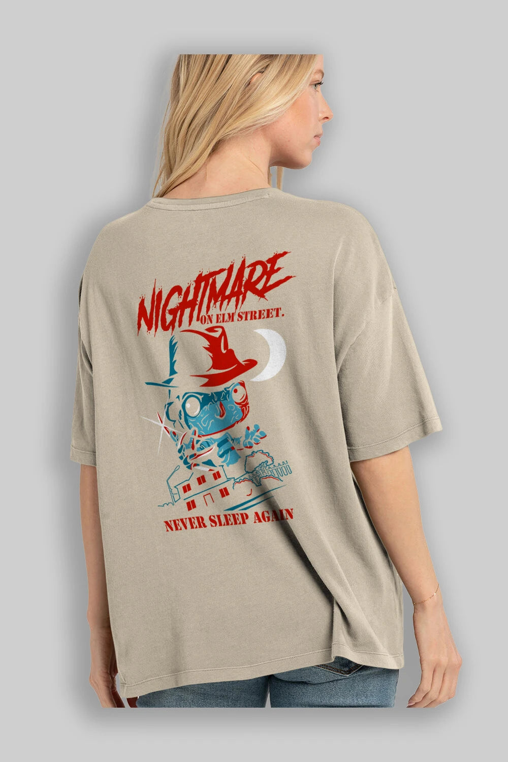 Nightmare Elm Sokağı Arka Baskılı Oversize t-shirt Erkek Kadın Unisex %100 Pamuk Bisiklet Yaka tişort