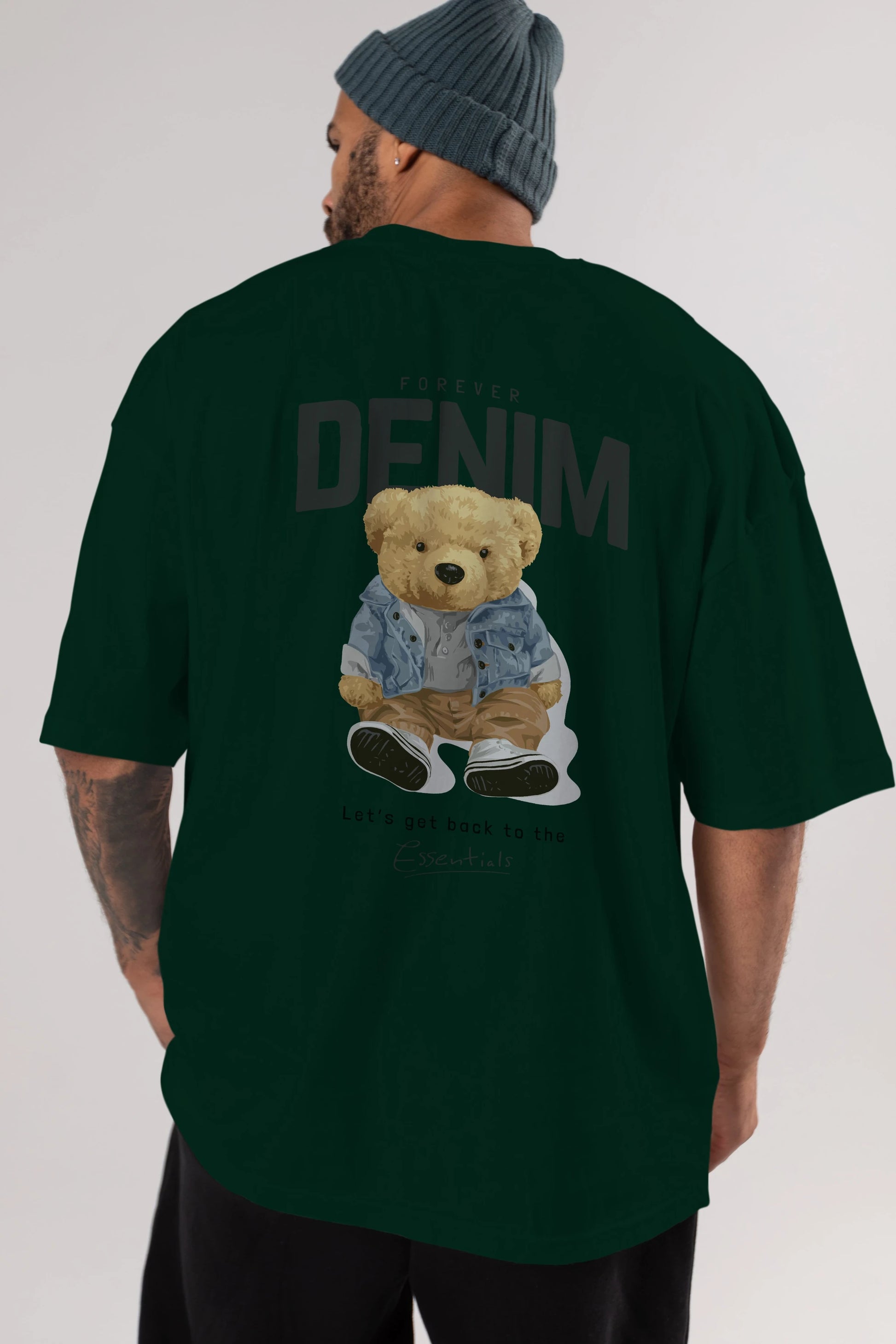 Teddy Bear Forever Denim Arka Baskılı Oversize t-shirt Erkek Kadın Unisex %100 Pamuk