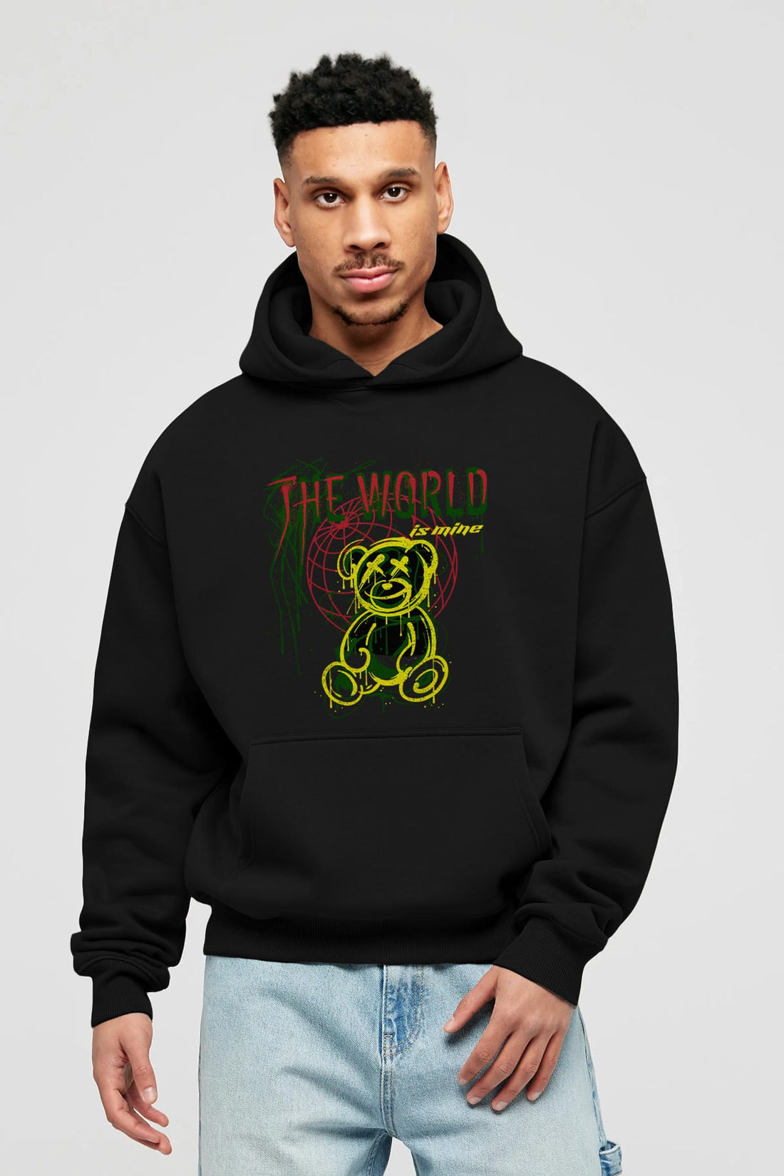The World is Mine Bear Ön Baskılı Hoodie Oversize Kapüşonlu Sweatshirt Erkek Kadın Unisex