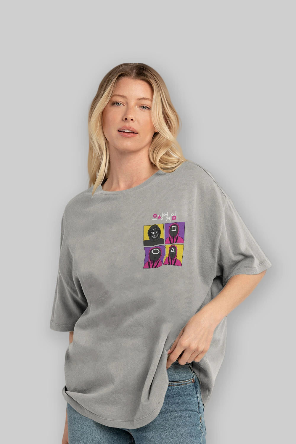 Squid Game (1) Ön Sol Baskılı Oversize t-shirt Erkek Kadın Unisex %100 Pamuk Bisiklet Yaka tişort