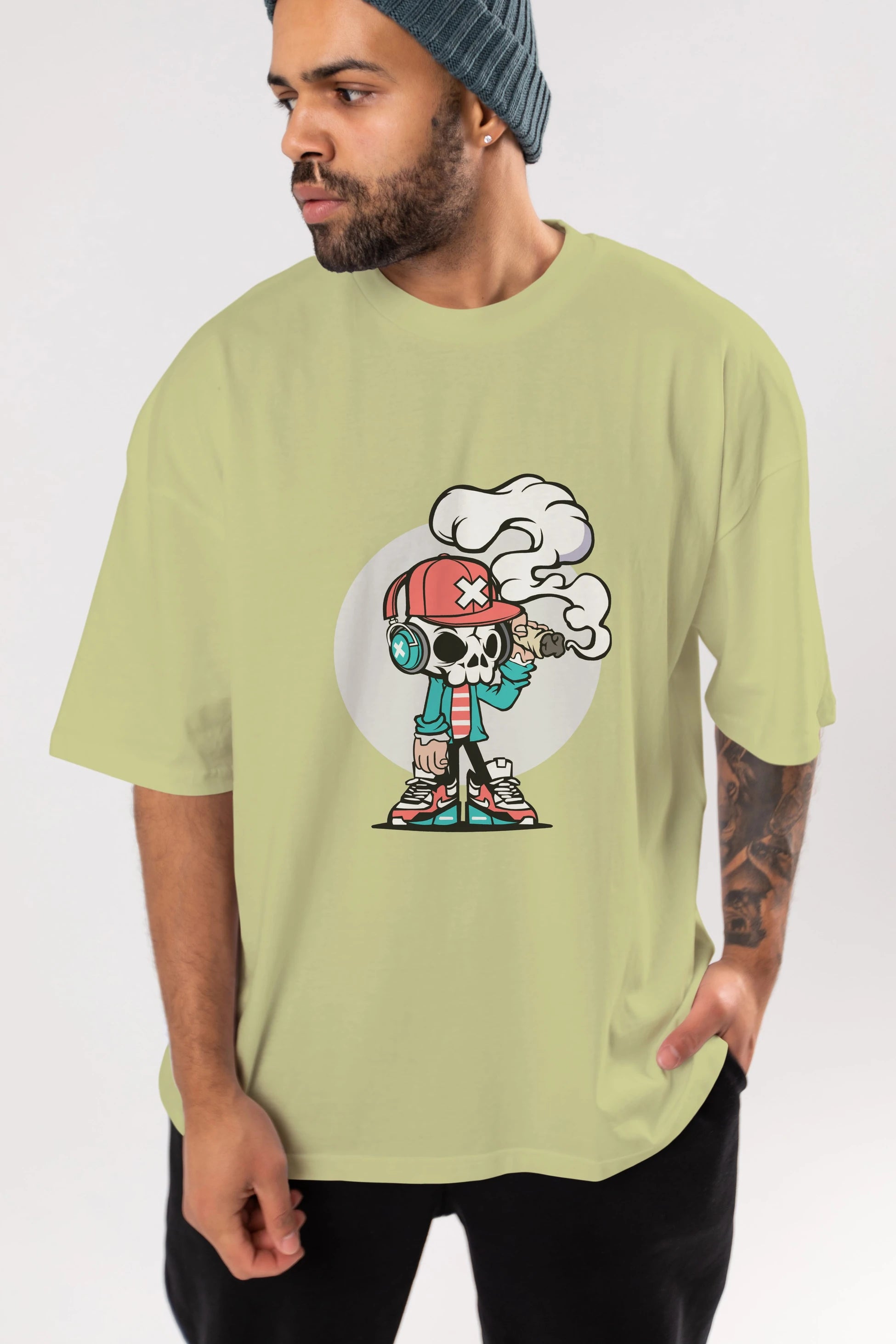 Skull Headphone Ön Baskılı Oversize t-shirt Erkek Kadın Unisex %100 Pamuk tişort