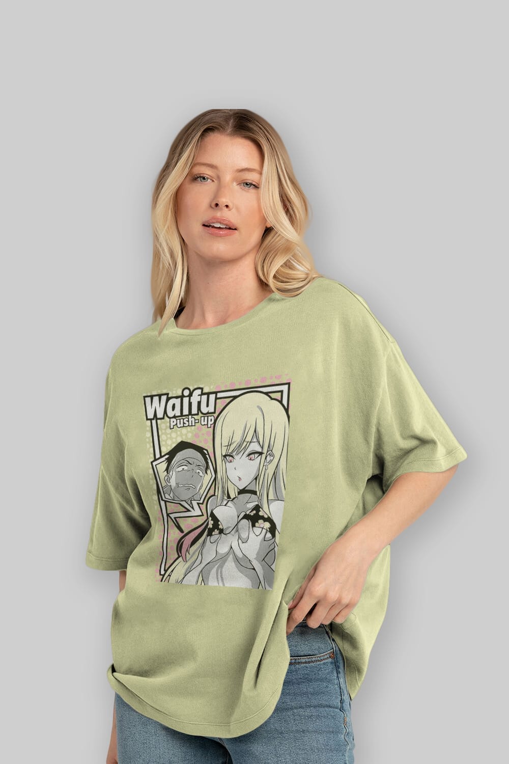 Waifu PushUp Anime Ön Baskılı Oversize t-shirt %100 pamuk Erkek Kadın Unisex